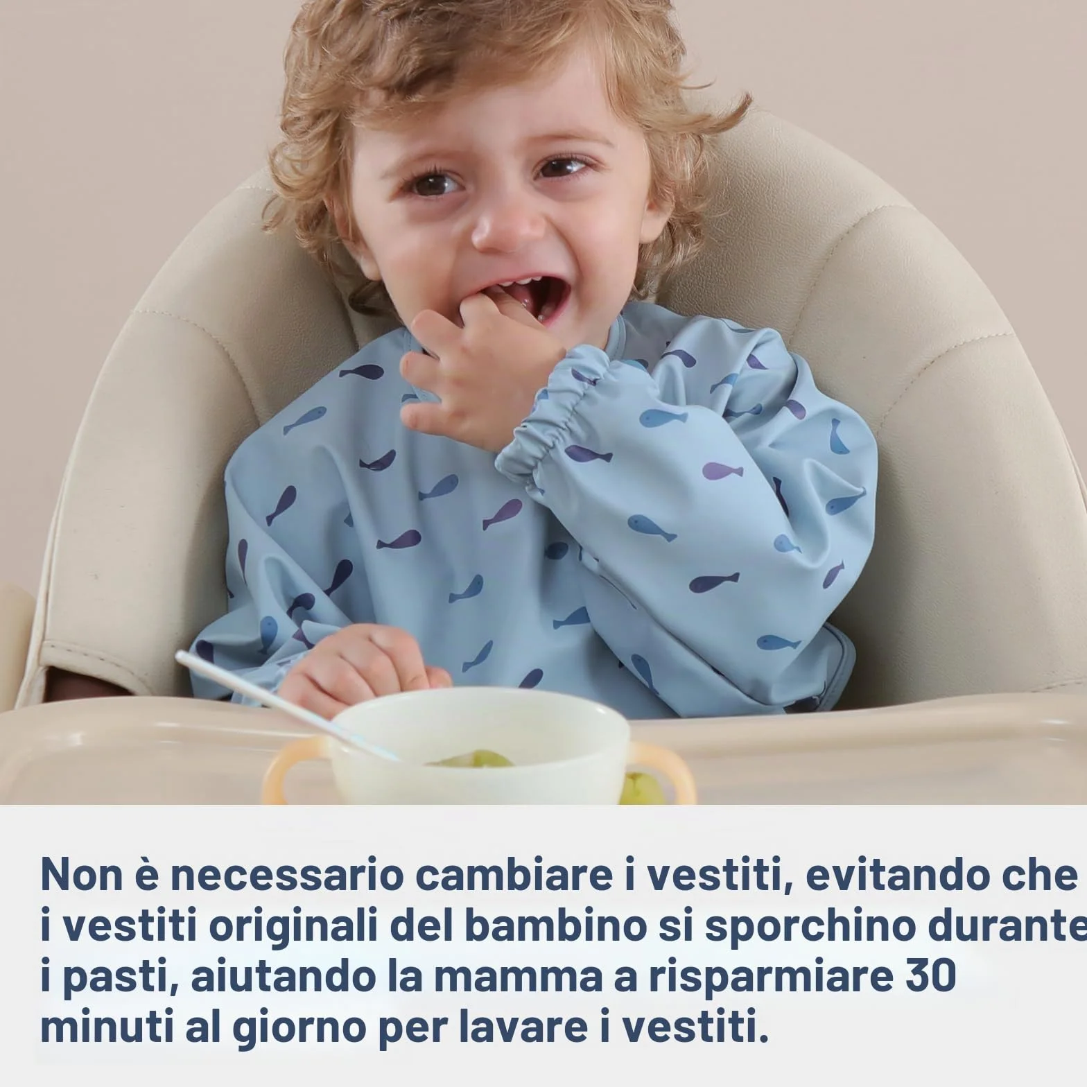 Bavaglino Anti-Mess a Manica Lunga Impermeabile Lavabile in Lavatrice per Svezzamento Bambino 6-24 Mesi
