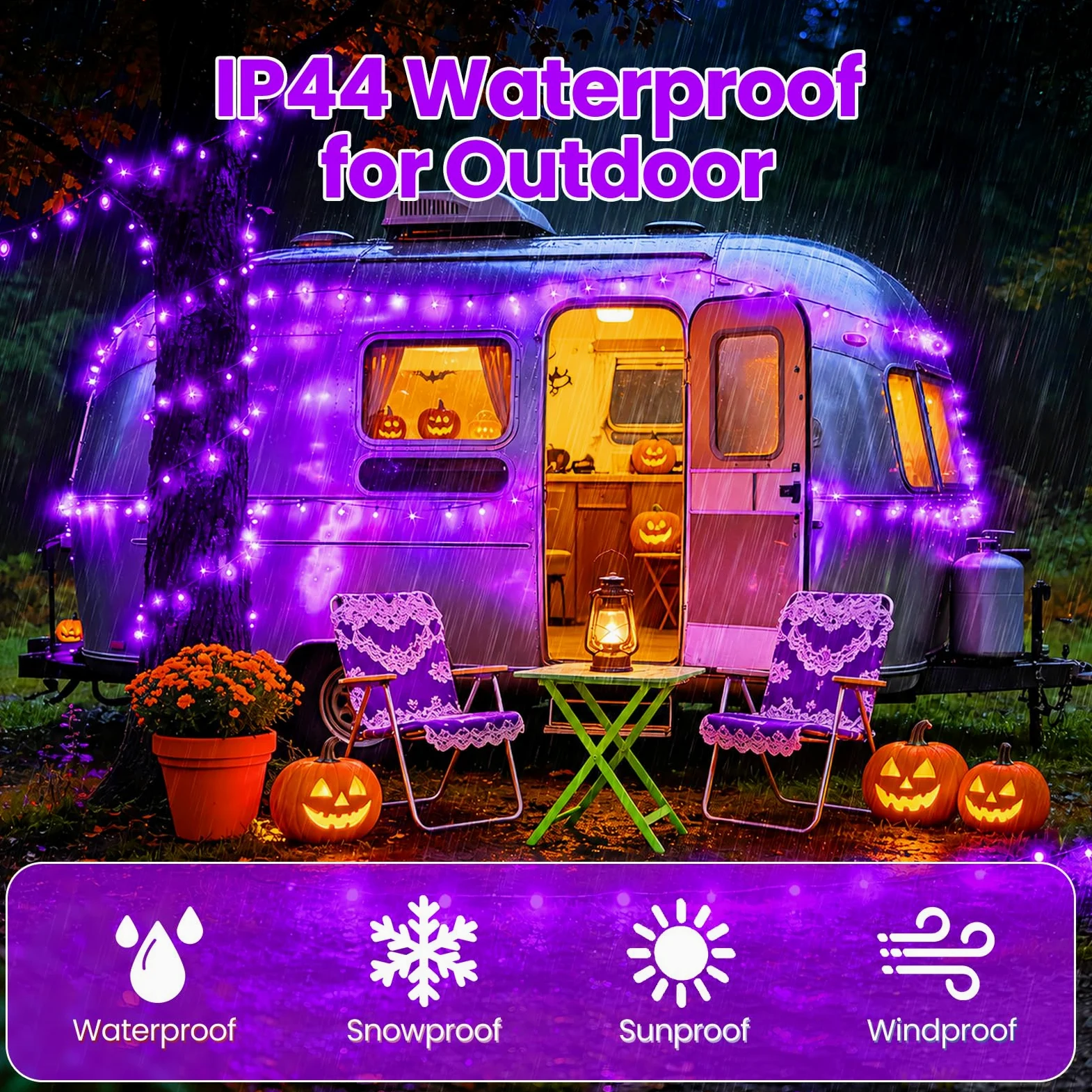 Luci di Halloween viola per esterni, impermeabili, per decorazioni di Halloween, totale 100 LED 100 m, per giardino, cortile, vialetto, recinzione, 8 modalità, 50 LED x 2 confezioni