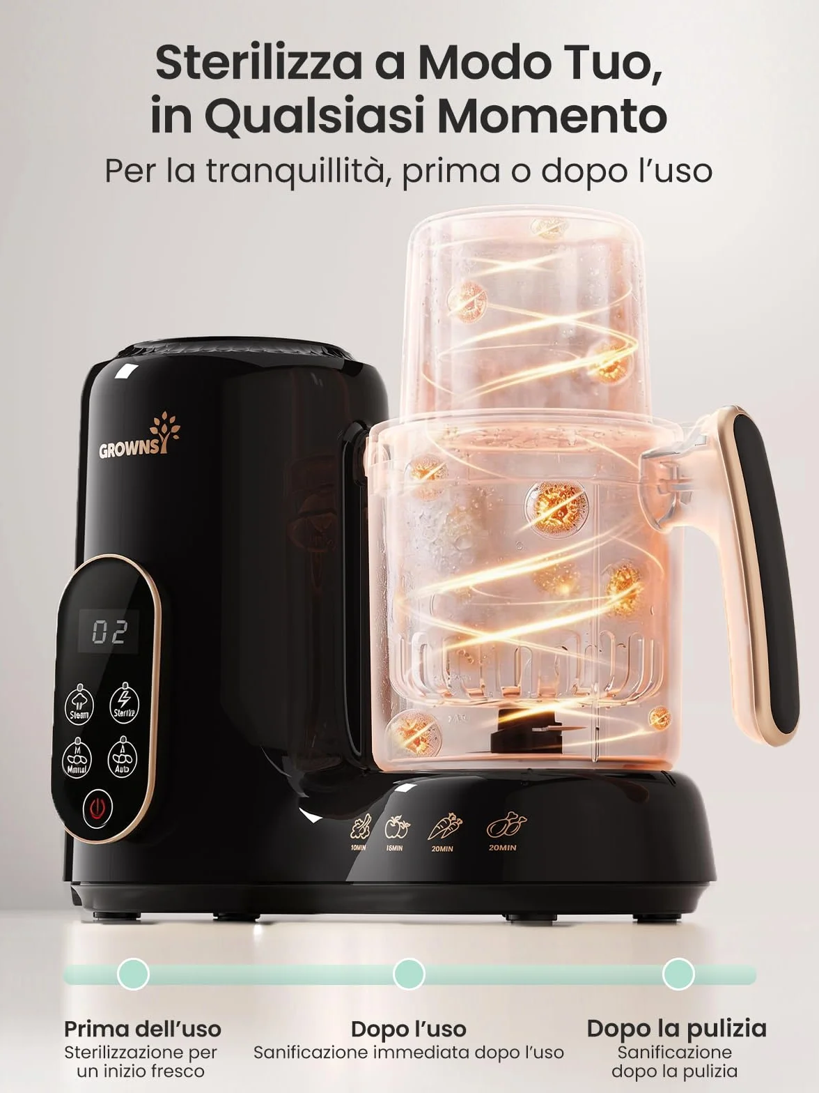 Grownsy Cuocipappa Multifunzione 7-in-1 Robot Cucina per Svezzamento con Doppio Cestello a Vapore, BPA Free