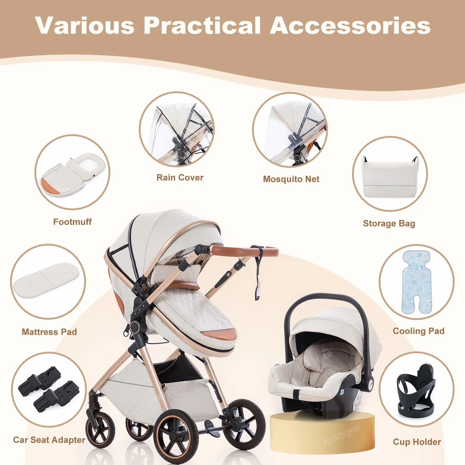 Passeggino 3 in 1 con Seggiolino Auto, Carrozzina Pieghevole, 7 Altezze Regolabili, Sospensione 4 Ruote, Nero