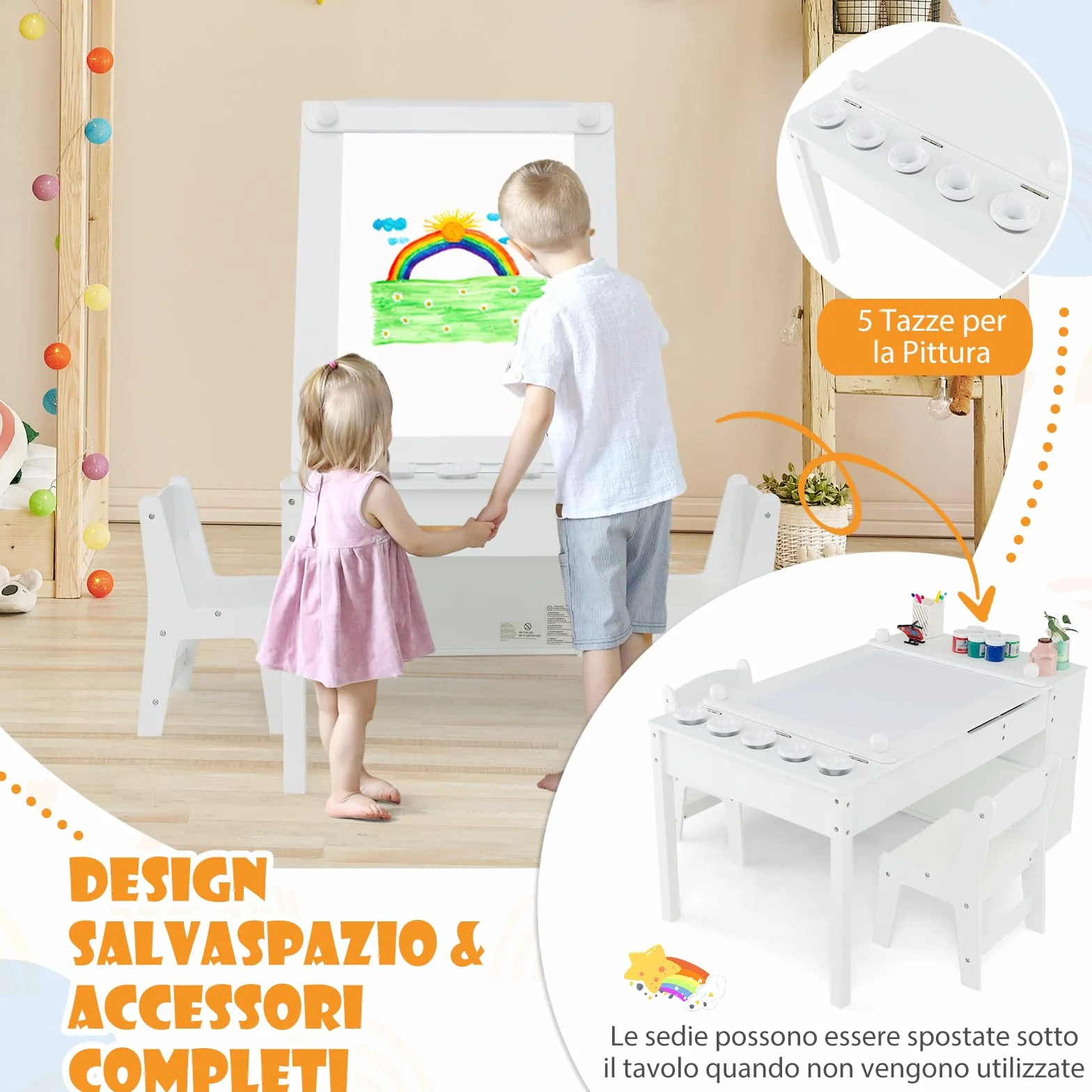 RELAX4LIFE Tavolo D'arte per Bambini con 2 Sedie, Legno, Piano Sollevabile, 6 Cassetti, 4 Tazze Pittura