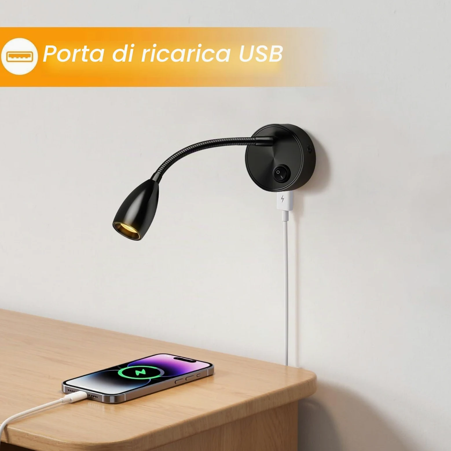 ERWEY 2er LED lampada da lettura 12V camper, lampada da parete 3W 3000K lampada da letto con collo d'oca flessibile e porta di ricarica USB per barca, auto, Van Caravan illuminazione interna, nero