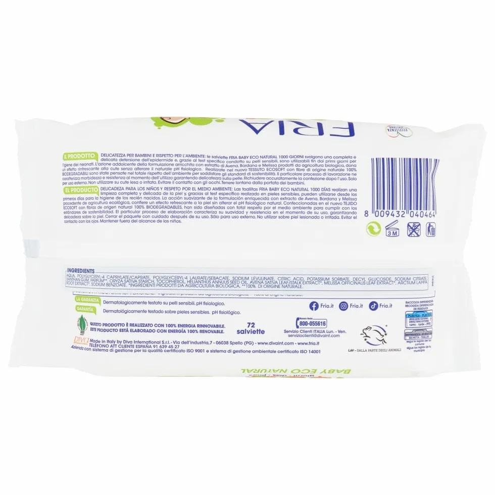 Fria Baby Eco Natural Salviette per Cambio Pannolino 1000 Giorni, Confezione 72 Salviette