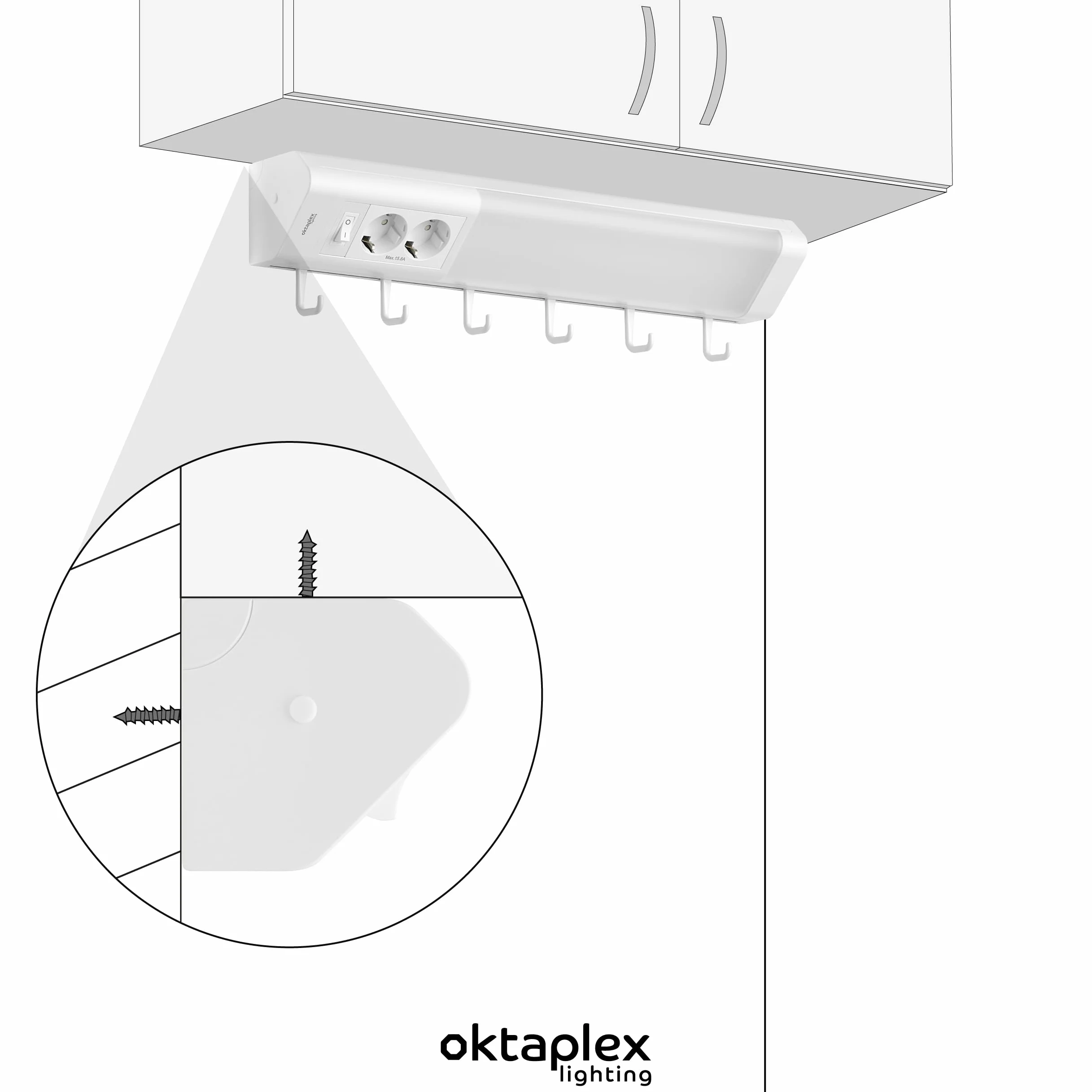 Oktaplex Talin lampada LED sottopensile con 2 prese 50 cm | 1085 lm e 9,7 W, 3000 K bianco caldo su 230 V, due prese integrate e 6 ganci per utensili