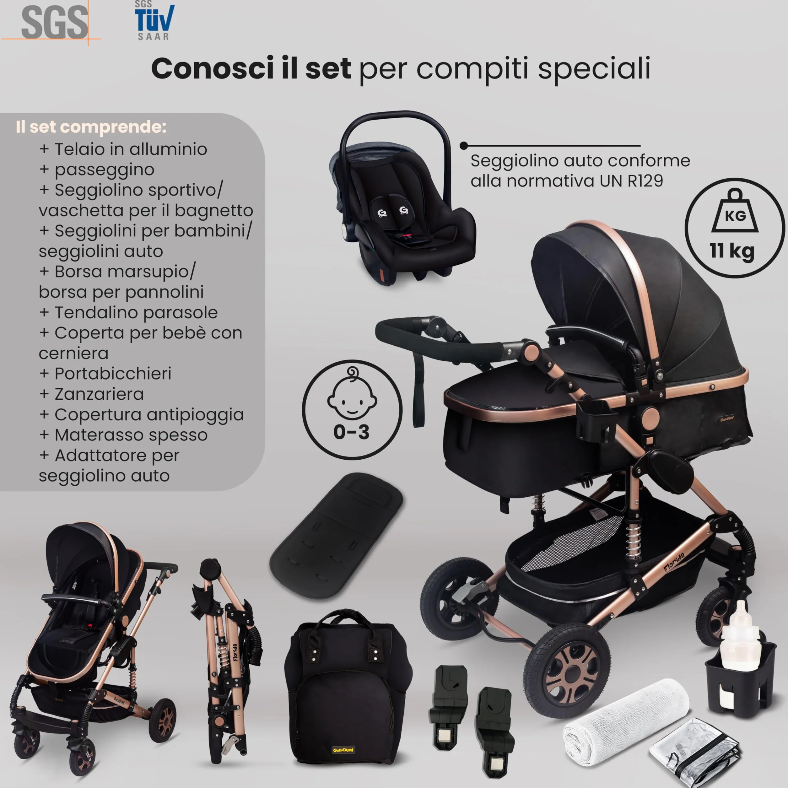 GaGaDumi Florida 3 in 1 Passeggino Trio, Carrozzina, Seggiolino Auto, Pieghevole, 0-36 mesi, Nero/Oro