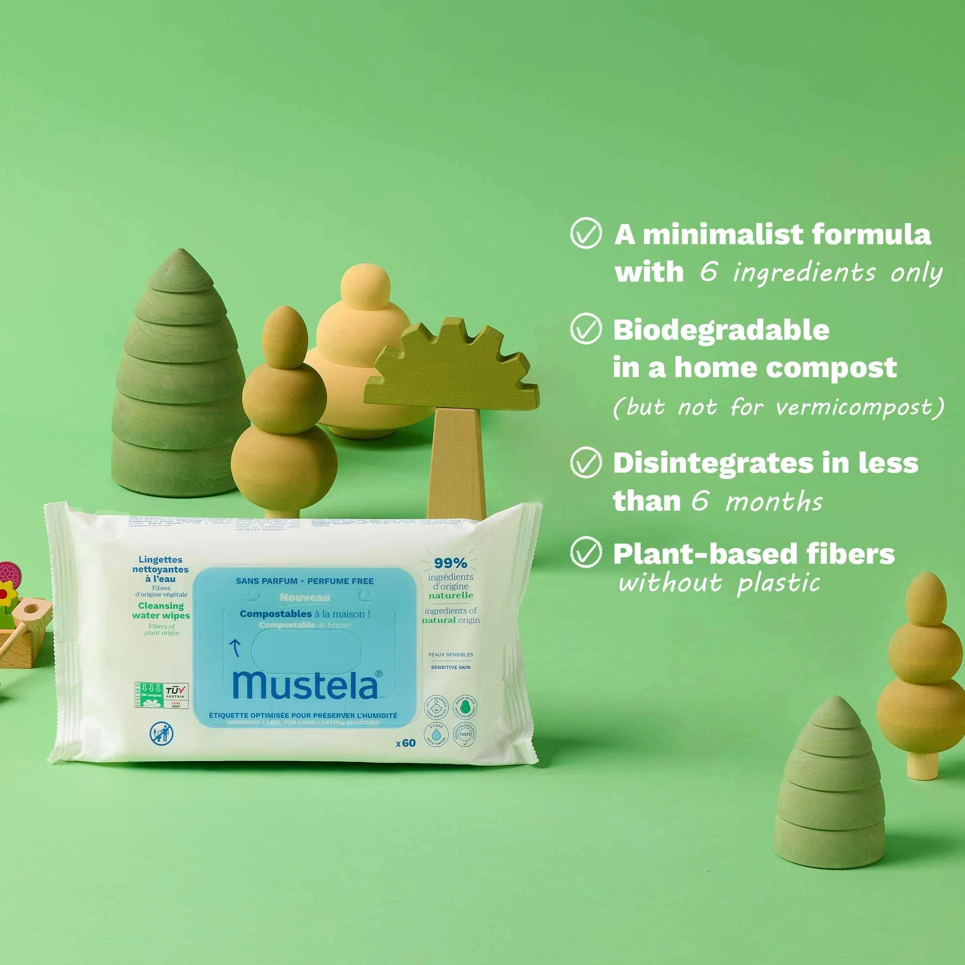 Mustela Salviette Cambio Pannolino Compostabili Senza Profumo 100% Fibre Lyocell 60 Pezzi
