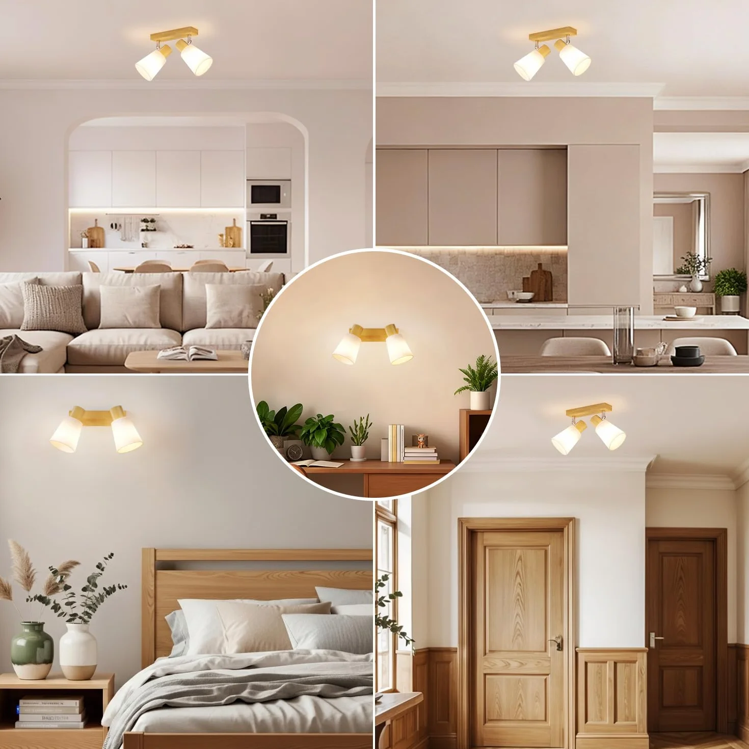 LVWIT Faretti da Soffitto E14, Faretto da Interno Bianco con 2 Faretto, Faretti Orientabili Legno, Faretto da Parete Interno Vintage per Barra, Salotto,Cameretta, Cucina, Bagno (Lampadine Escluse)