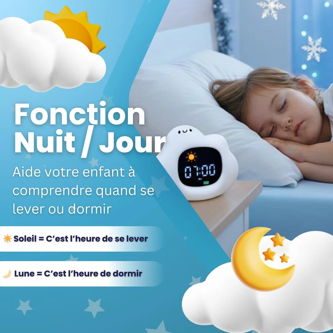 Sveglio bambino educativo giorno/notte - luce notturna per bambini musicale e luminosa, 4 anni di luminosità, orologio educativo con musica rilassante, rumore bianco, decorazione per camera da letto