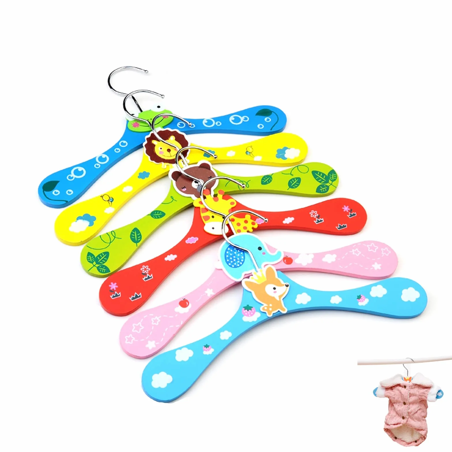 Appendiabiti in legno per bambini multicolore con motivo animale antiscivolo 28x16 cm 6 pezzi