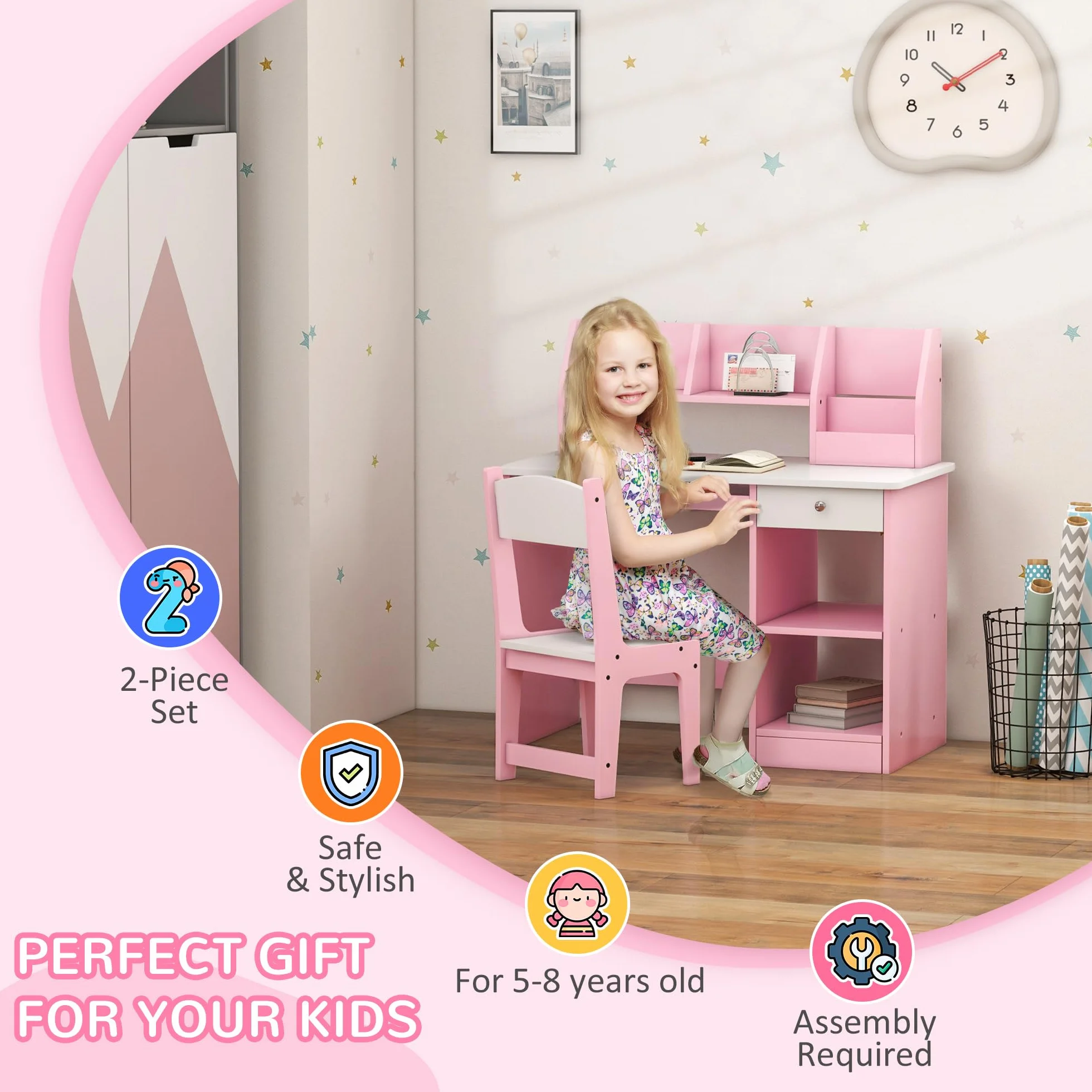 ZONEKIZ Set di scrivania e sedia per bambini 2 pezzi con cassetto per tastiera, rosa