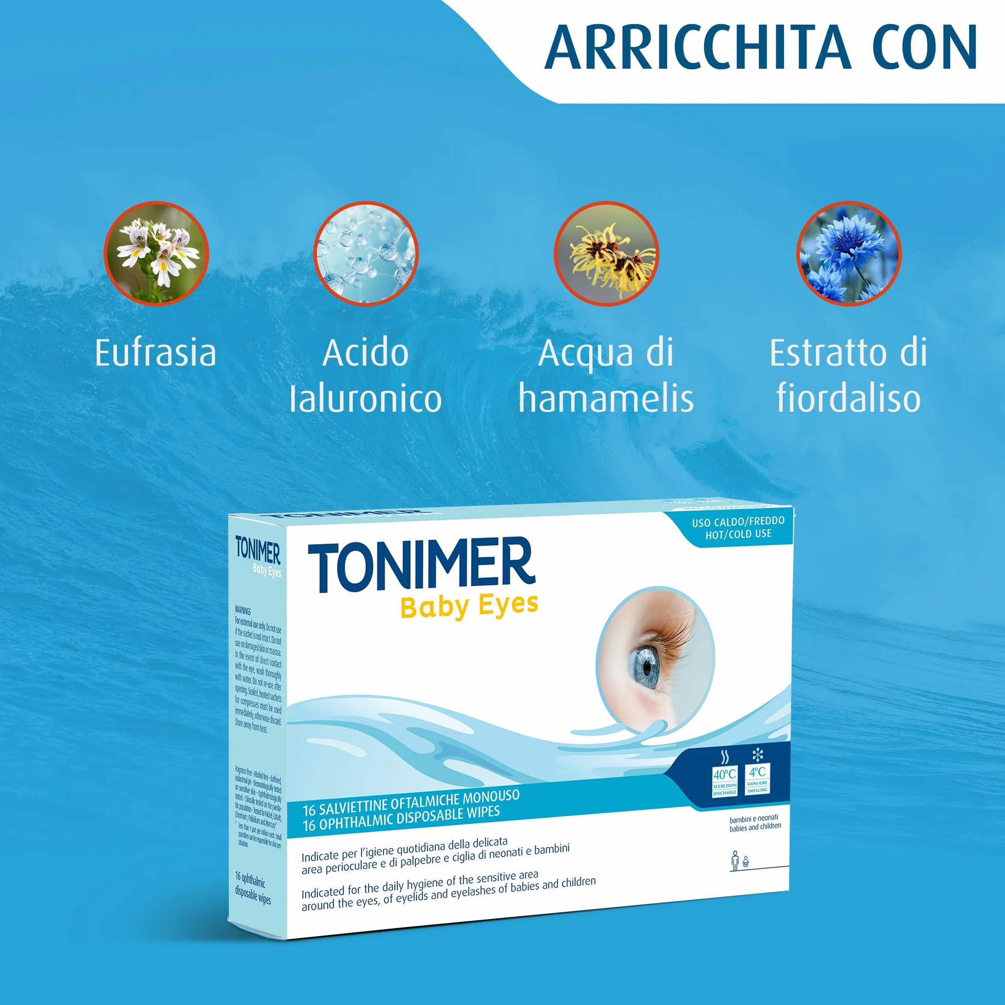 Baby Eyes Salviettine Oftalmiche Monouso 16 pz Igiene Delicata Area Perioculare Neonati Bambini con Eufrasia Acido Ialuronico Hamamelis Fiordaliso Senza Profumo Alcool