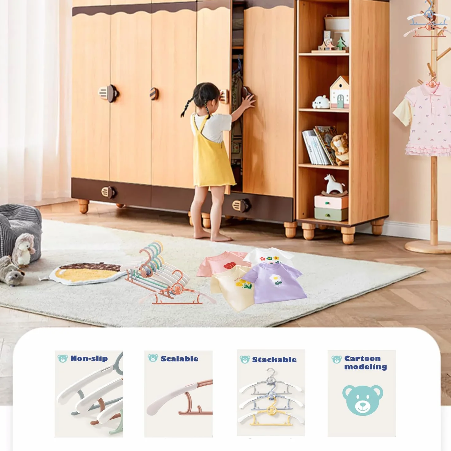 Set di 20 grucce appendiabiti per bambini impilabili con gancio a forma di orsetto marrone e bianco