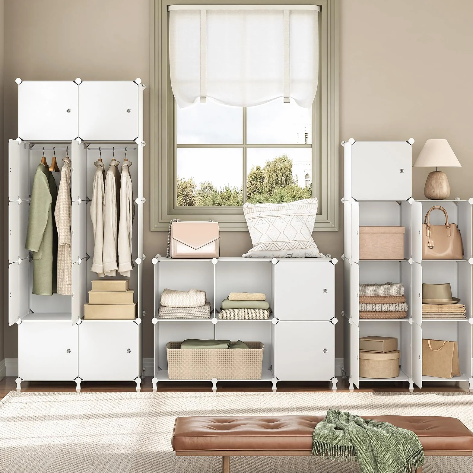 HOOBRO Armadio Modulare 16 Cubi con Ante, Portatile Guardaroba 2 Barra Appendiabiti, Bianco