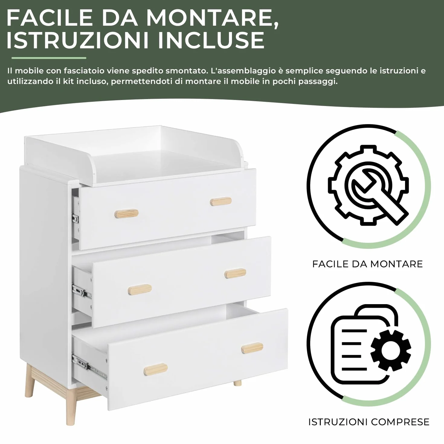 Rebecca Mobili Fasciatoio con Cassetti 3 Cassetti Bianco Marrone MDF Pino 100x80x42 cm