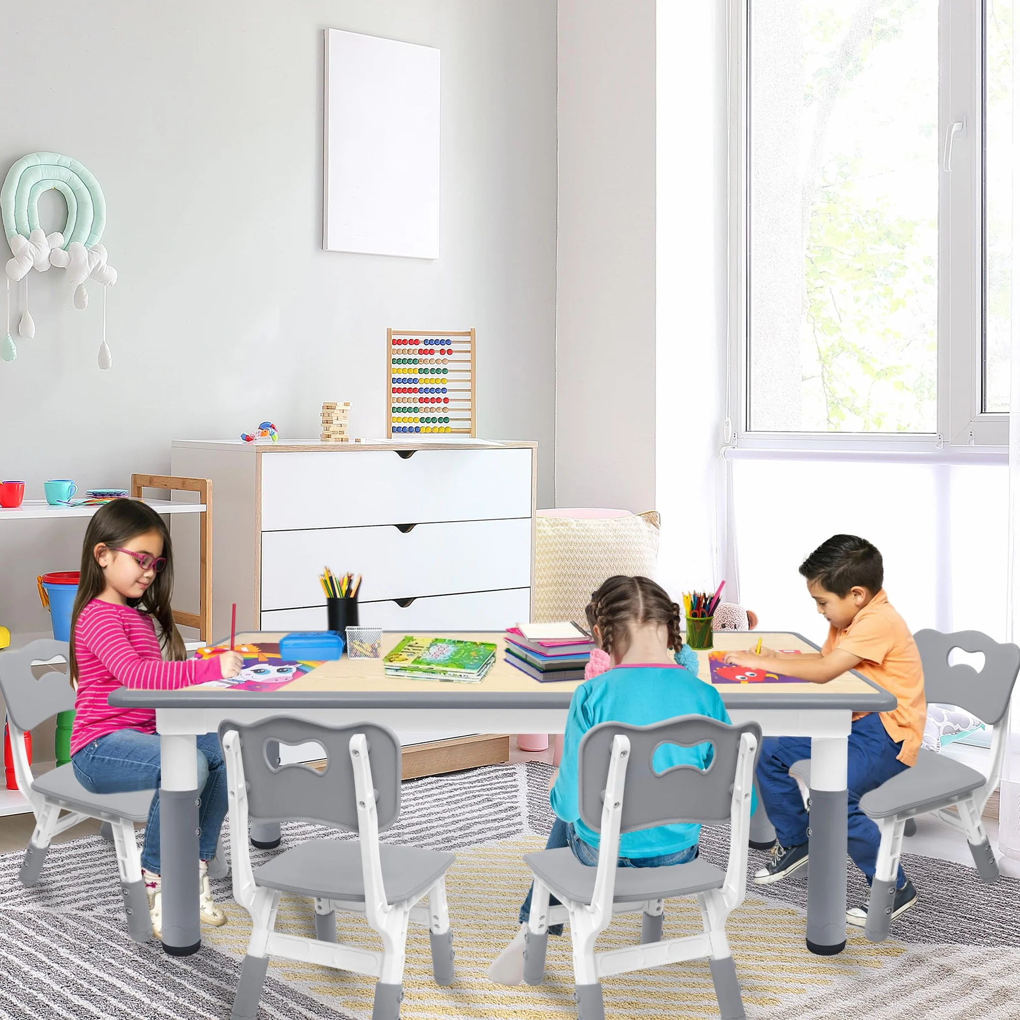 Aufun Tavolo per bambini con set di 4 sedie, dinette regolabile in altezza