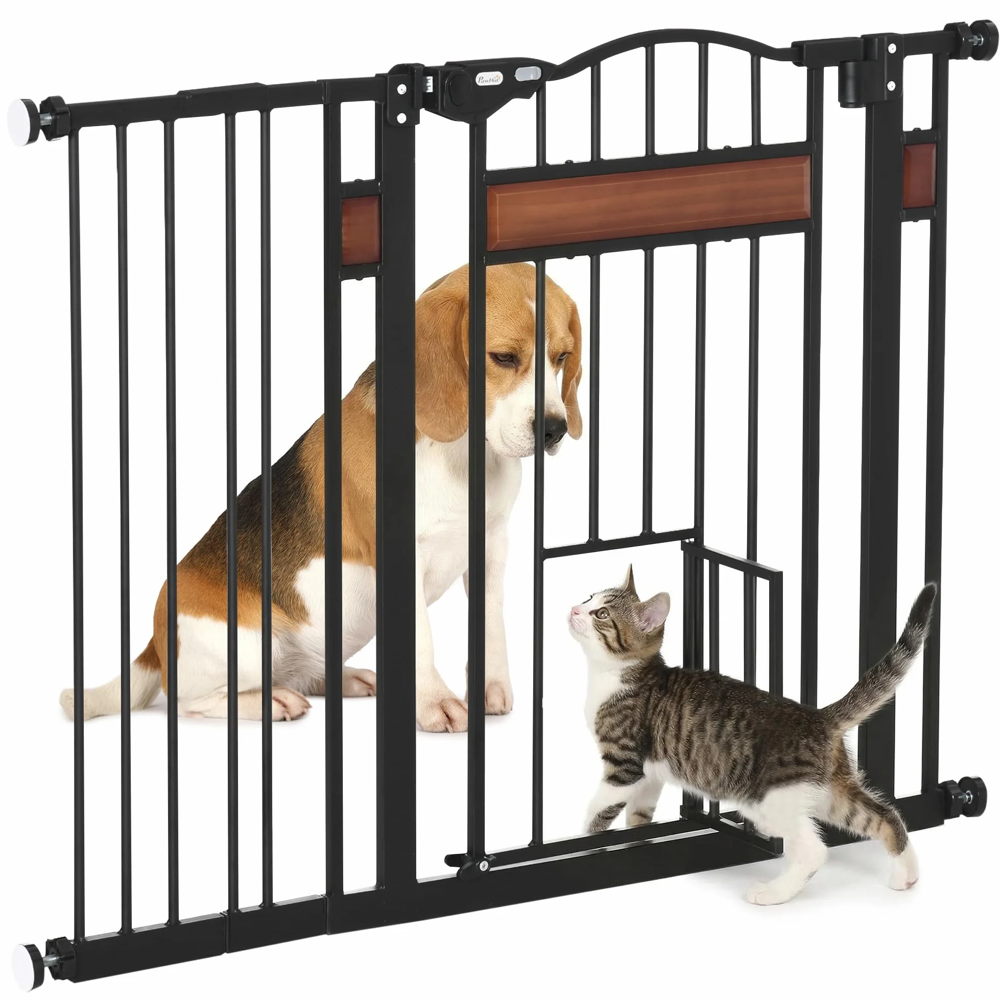 PawHut Cancelletto per Cani in Acciaio Legno di Pino Plastica 74-105x76.2 cm Nero