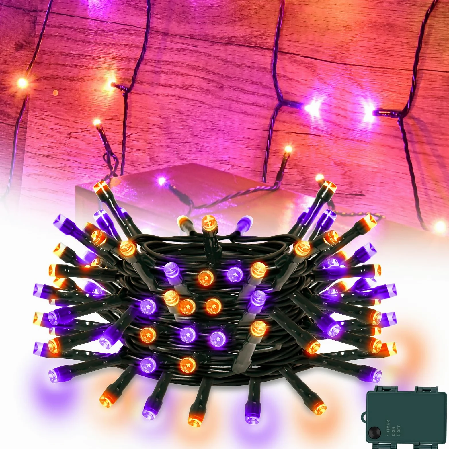 cshare Stringa di luci arancioni e viola con timer impermeabile, luci per Halloween per esterni, 5 m, 50 LED, per interni ed esterni, decorazioni di Halloween, ghirlanda, feste, patio, giardino,