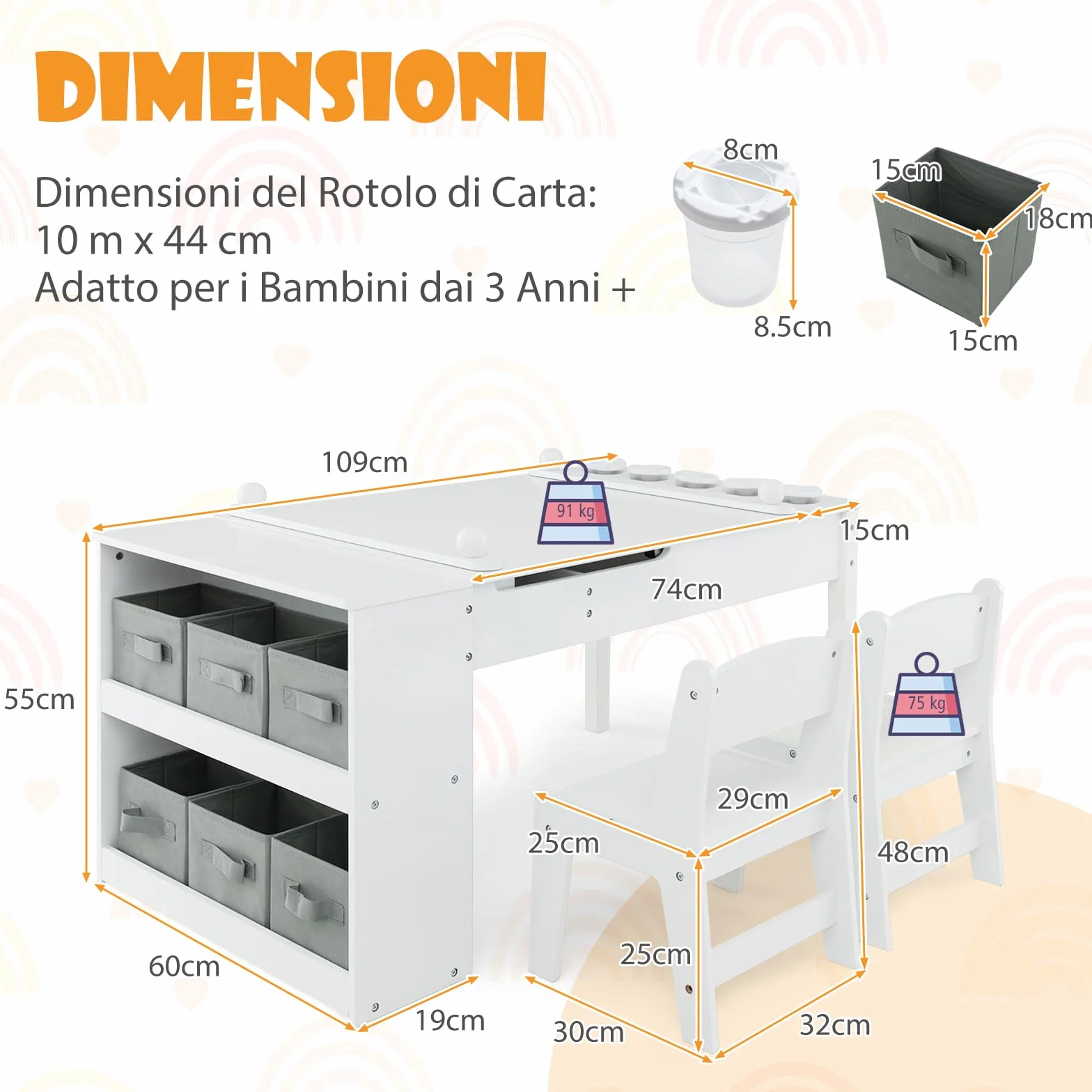 RELAX4LIFE Tavolo D'arte per Bambini con 2 Sedie, Legno, Piano Sollevabile, 6 Cassetti, 4 Tazze Pittura