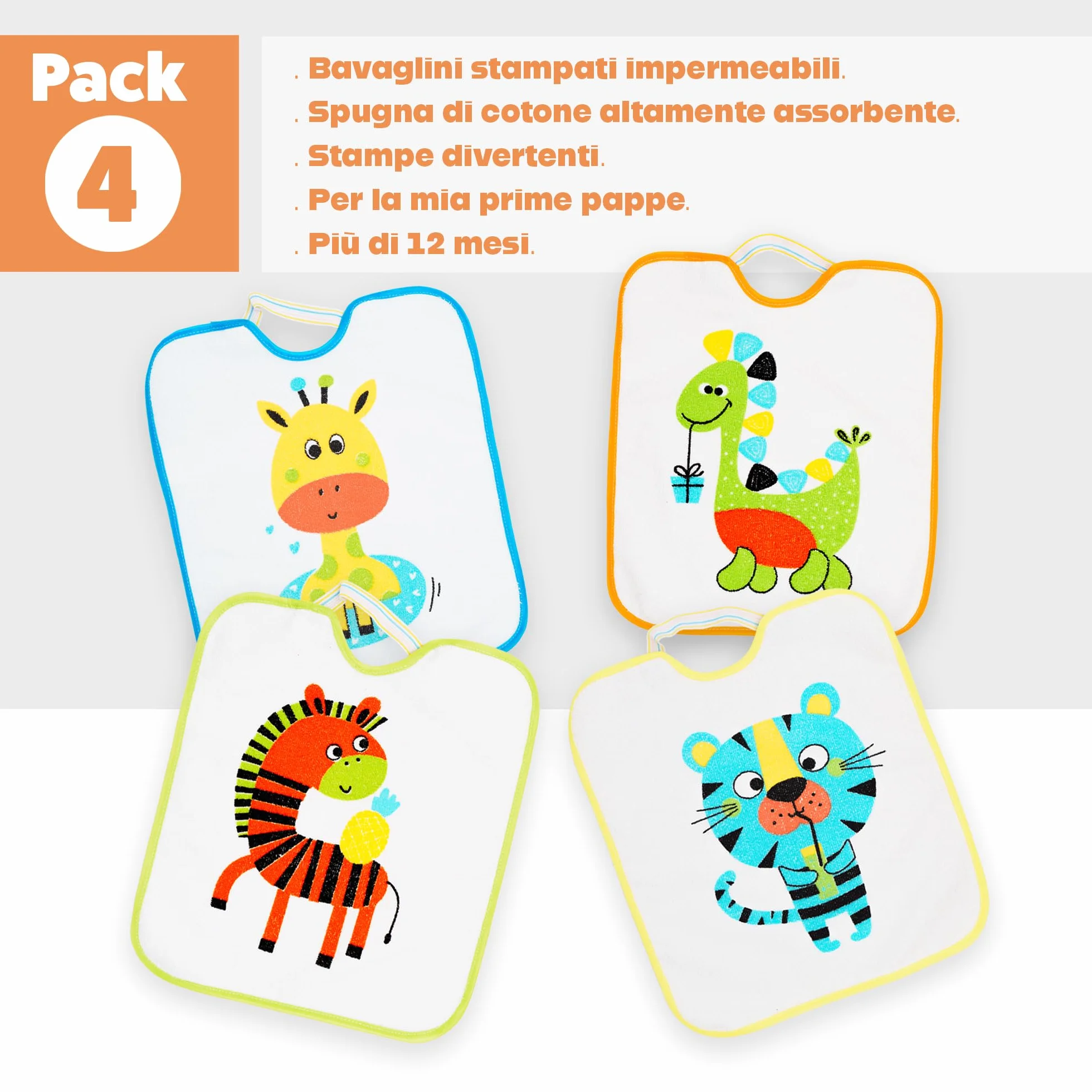 Set di 4 Bavaglini Asilo con Elastico per Bambini Impermeabili Assorbenti 73% Cotone 27% Poliestere 32x28 cm