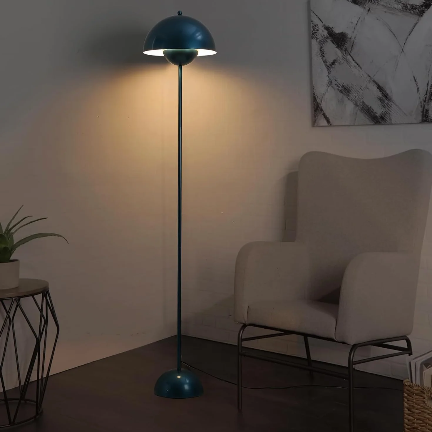 Alpinaluz Lampada da Terra in Metallo con Paralume Bombato – Design Retro Nordico – Luce Indiretta Verso il Basso – E27 – Interruttore a Pedale – Per Salotto e Interni (Blu Marino)