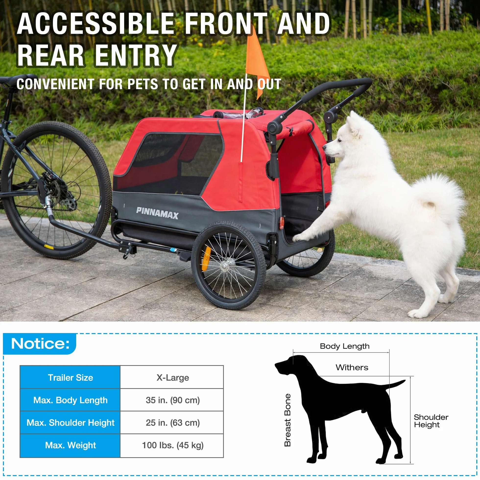 PINNAMAX Rimorchio per cani per biciclette 2 in 1, portata 45 kg, gancio universale