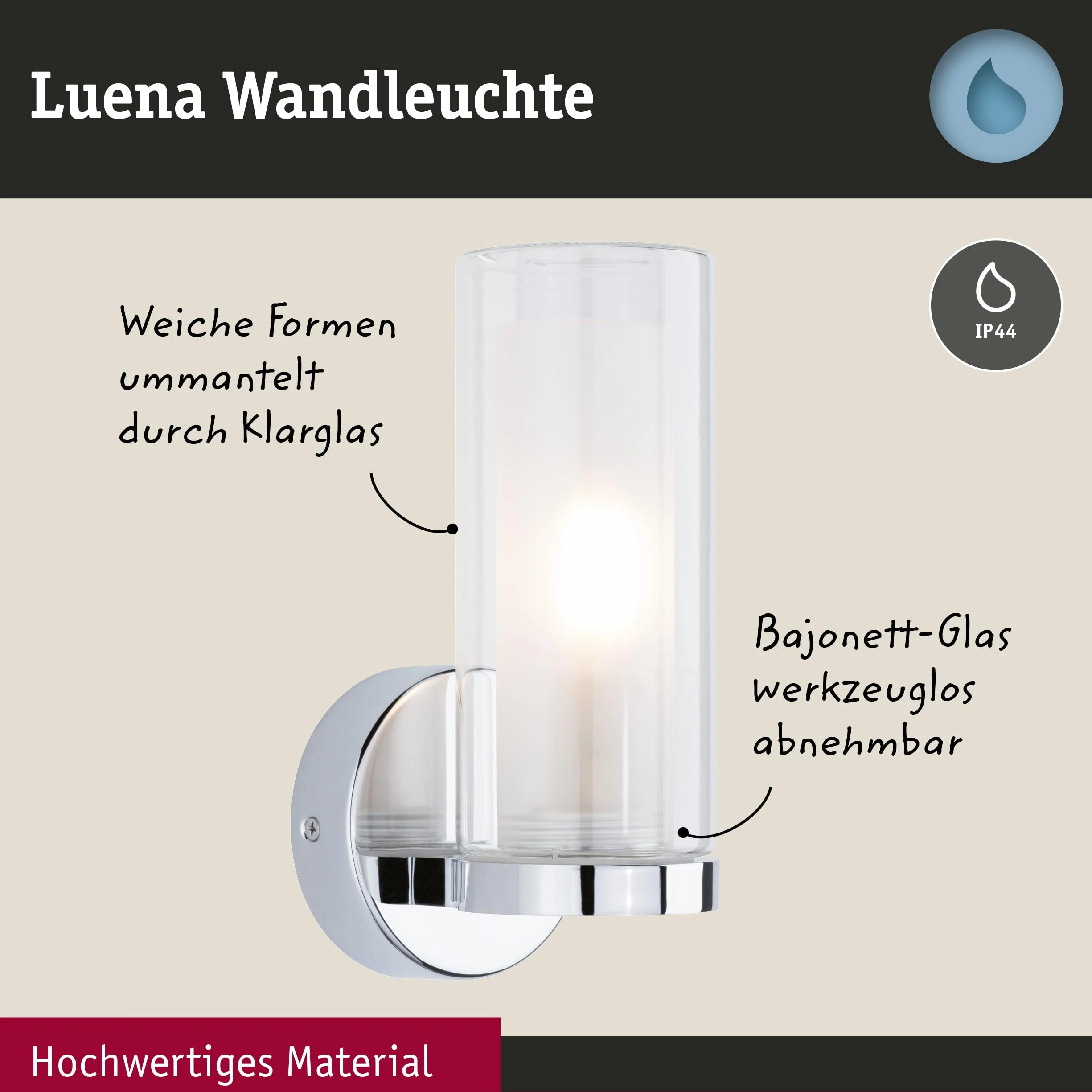 Paulmann 71076 Applique Selection Bathroom Luena IP44 E14 230 V max 20W dimmerabile cromo, vetro, luce da bagno a una fiamma