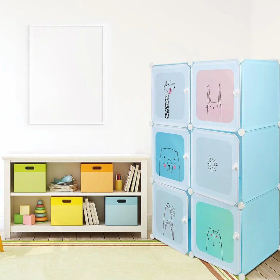 Armadio in plastica modulabile 6 cubi con ante per giocattoli 74x37x110 cm blu