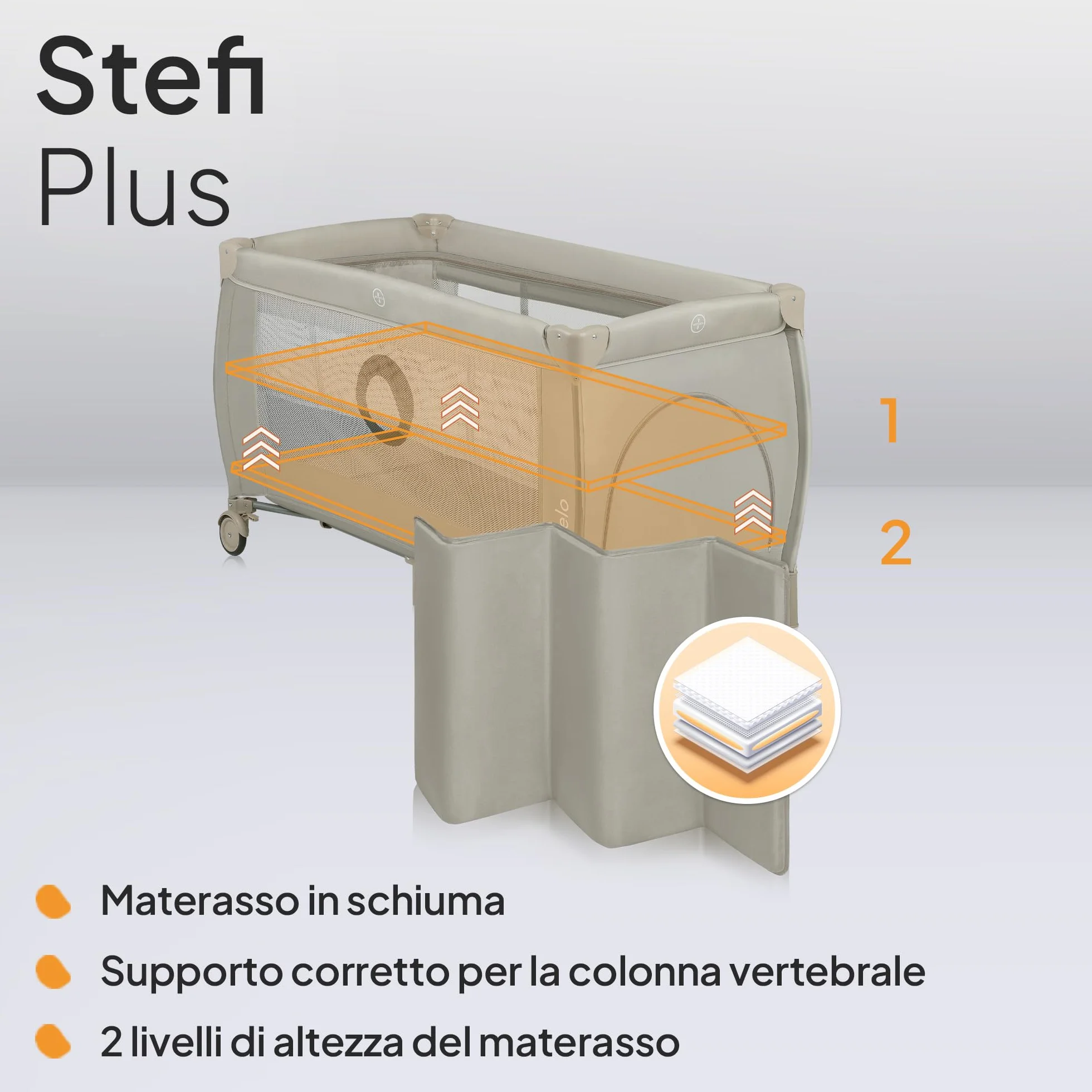 LIONELO STEFI PLUS Lettino da Viaggio Pieghevole 129x71x77cm per Bambini 0-3 Anni con Materasso 2 Livelli