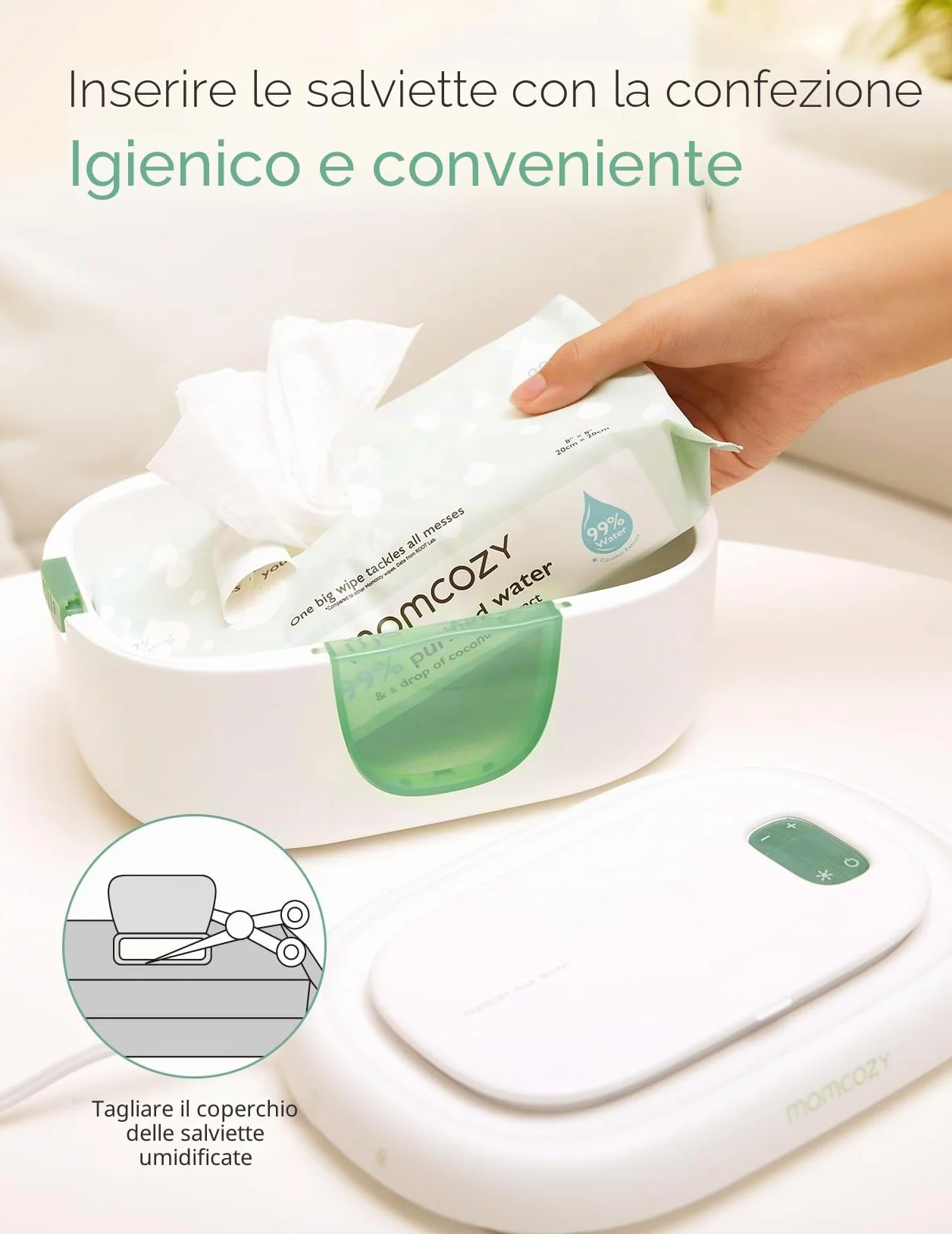 Momcozy Scalda Salviette Neonato, Dispenser Salviettine Grande Capacità, Riscaldamento Rapido Uniforme, 4 Livelli Temperatura, Luce Notturna