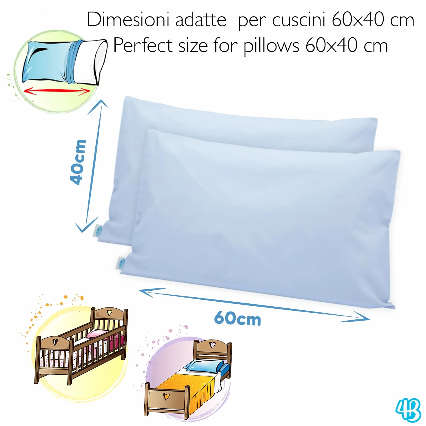 Federe Cuscino 40x60 Bambino Set 2 Puro Cotone Made in Italy OEKO-TEX Biancheria da letto Azzurro