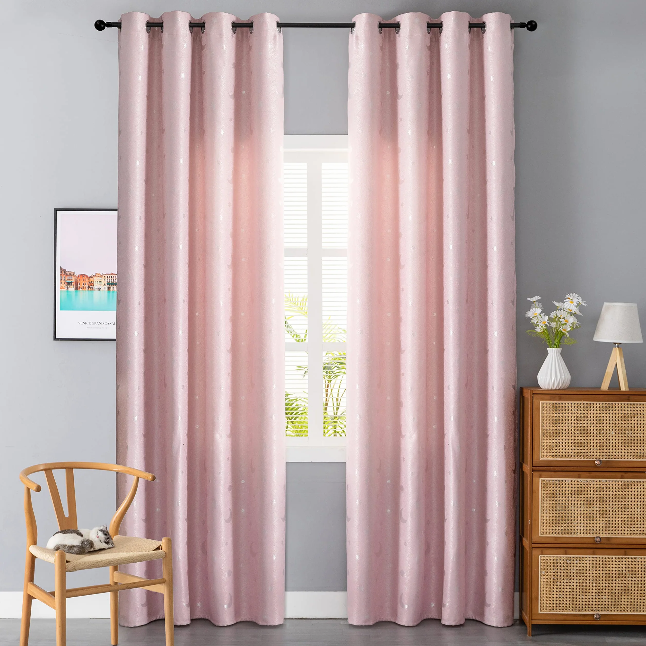 GIRASOLE HOME® Tende Jacquard Semi Oscuranti Fantasia Luna e Stelle Tenda Morbida Termica Isolante 2 Pannelli con Occhielli Rosa Stelle 140x275cm