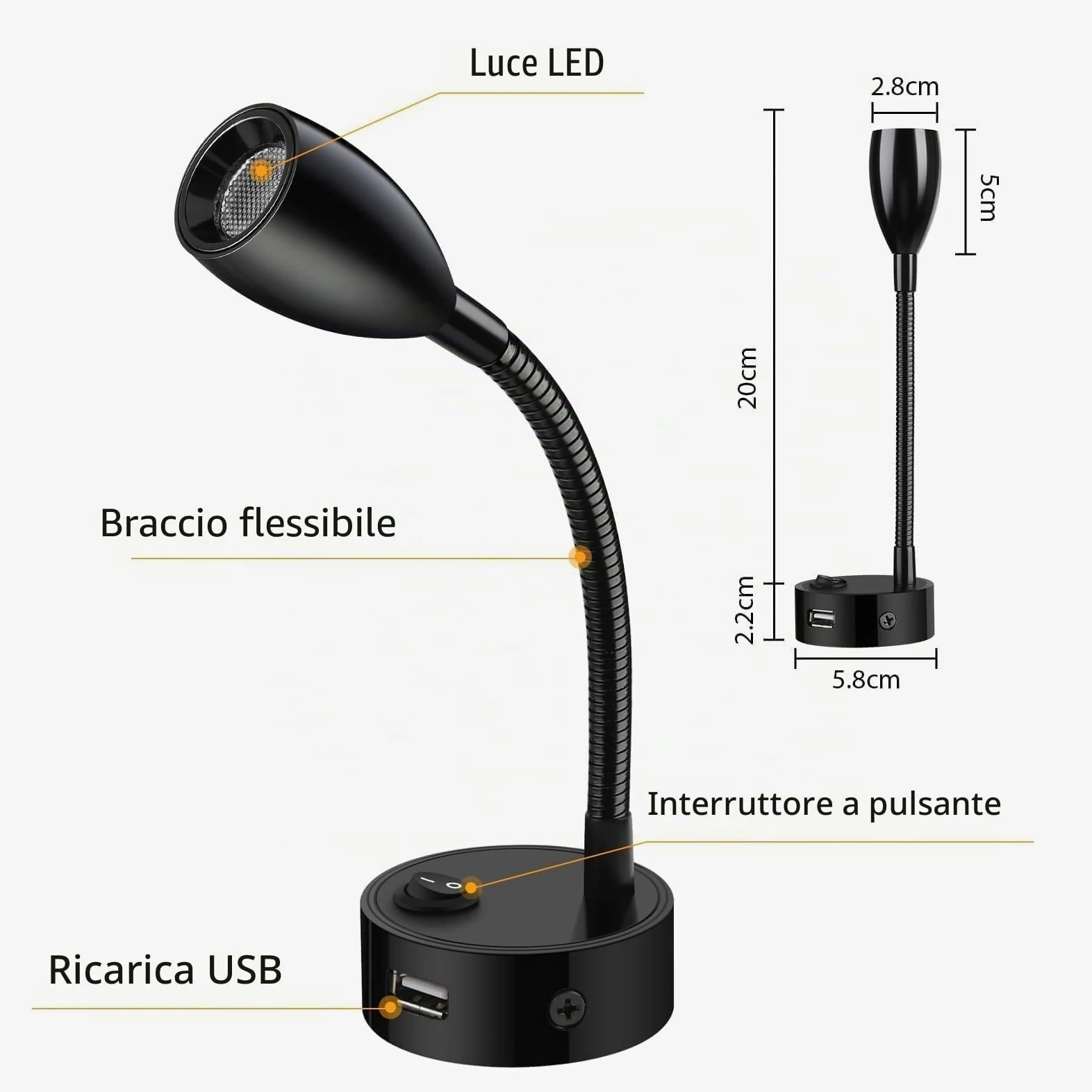 ERWEY 2er LED lampada da lettura 12V camper, lampada da parete 3W 3000K lampada da letto con collo d'oca flessibile e porta di ricarica USB per barca, auto, Van Caravan illuminazione interna, nero