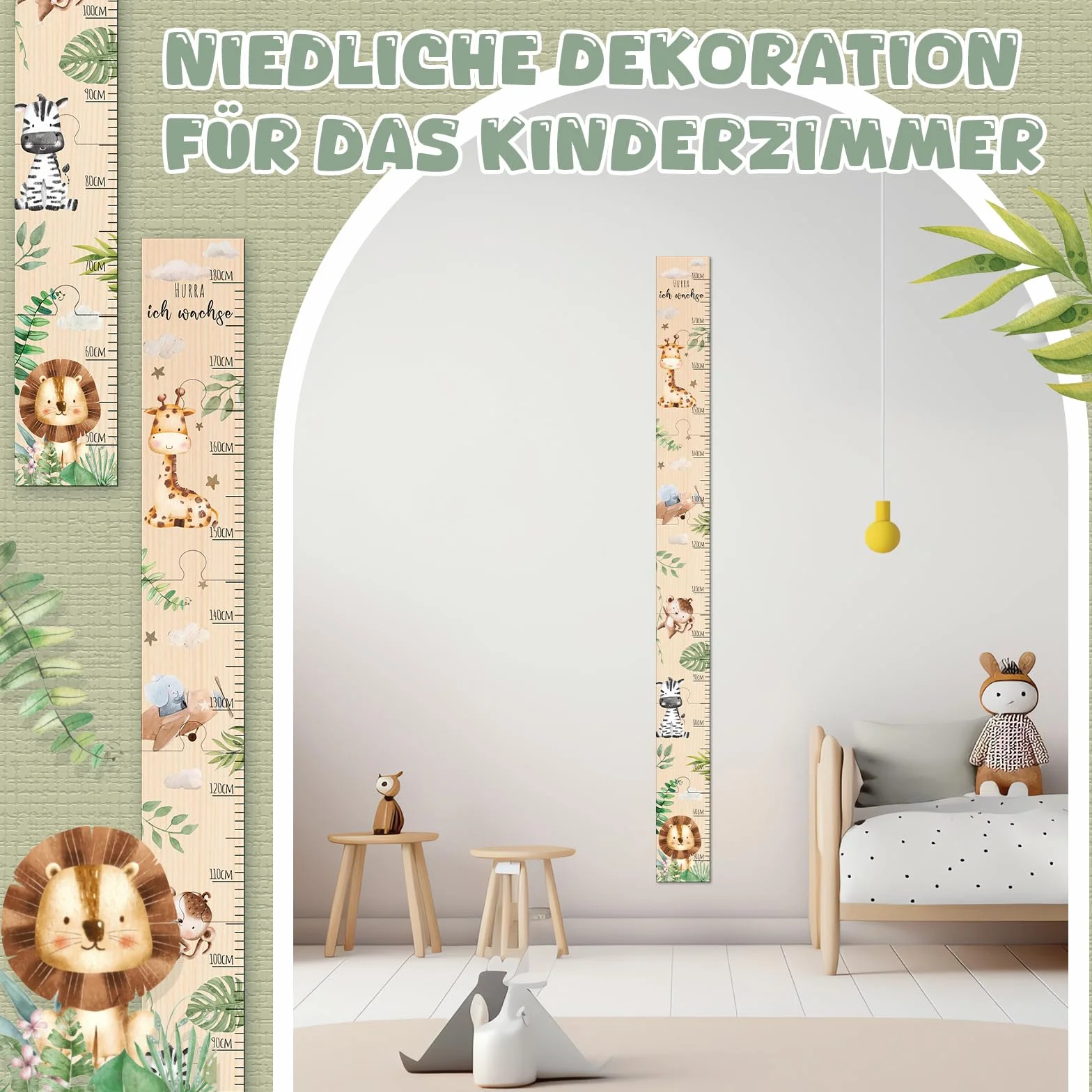 Metro da Parete per Bambini in Legno con Motivo Animali Tabella Altezza 50-180 cm Regalo di Nascita