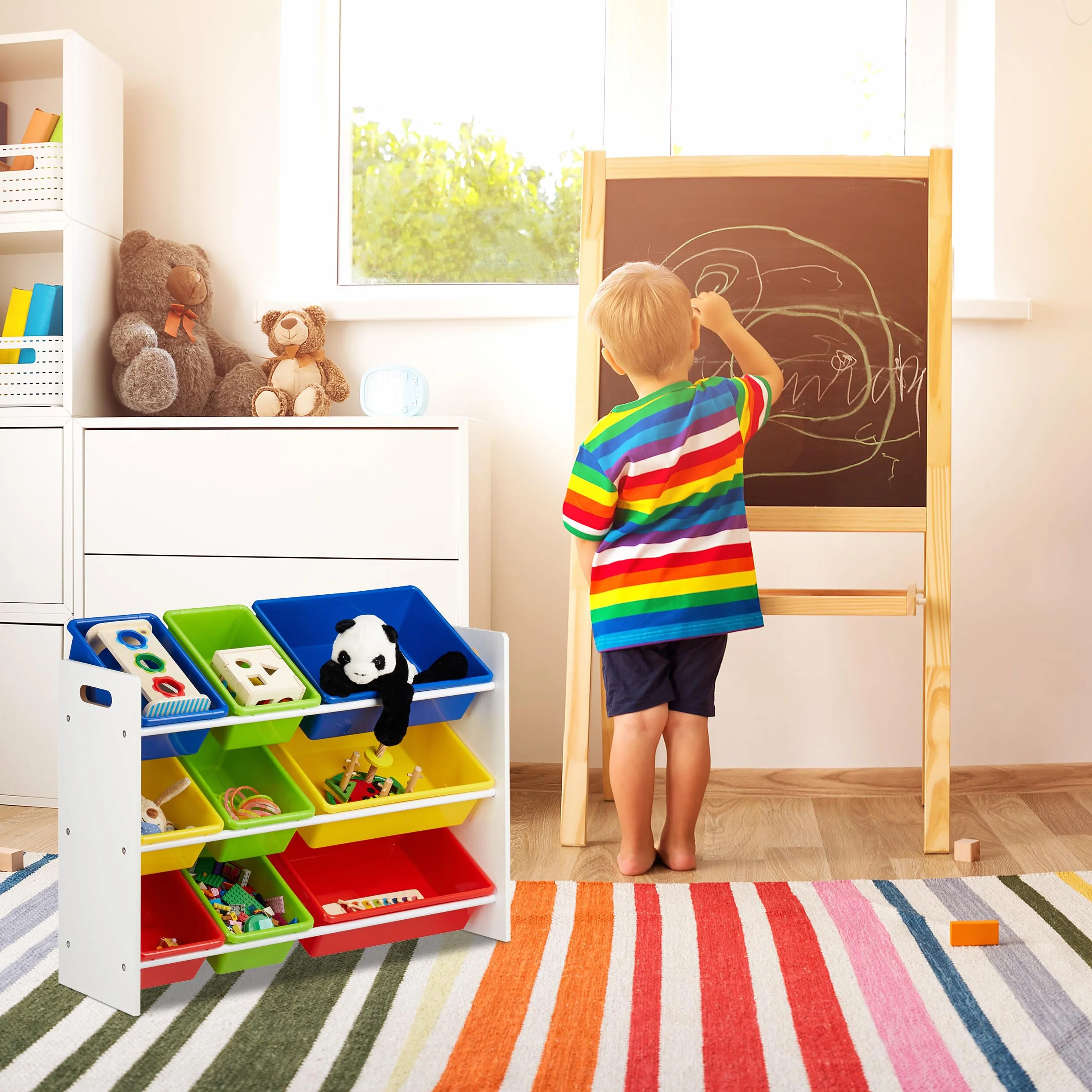 Relaxdays Scaffale per Bambini con Box Porta-Giochi, Contenitori Colorati per Giocattoli, MDF+Plastica, 88x86x31 cm