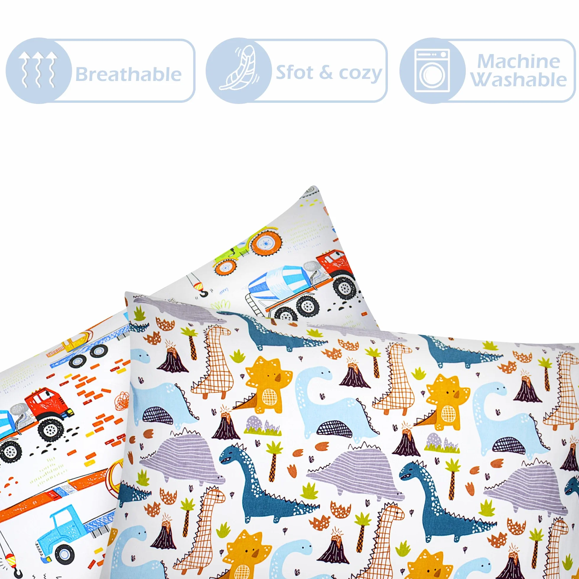 Confezione da 2 federe per cuscino in 100% cotone 40 x 60 cm motivo dinosauri veicoli da costruzione regali per bambini