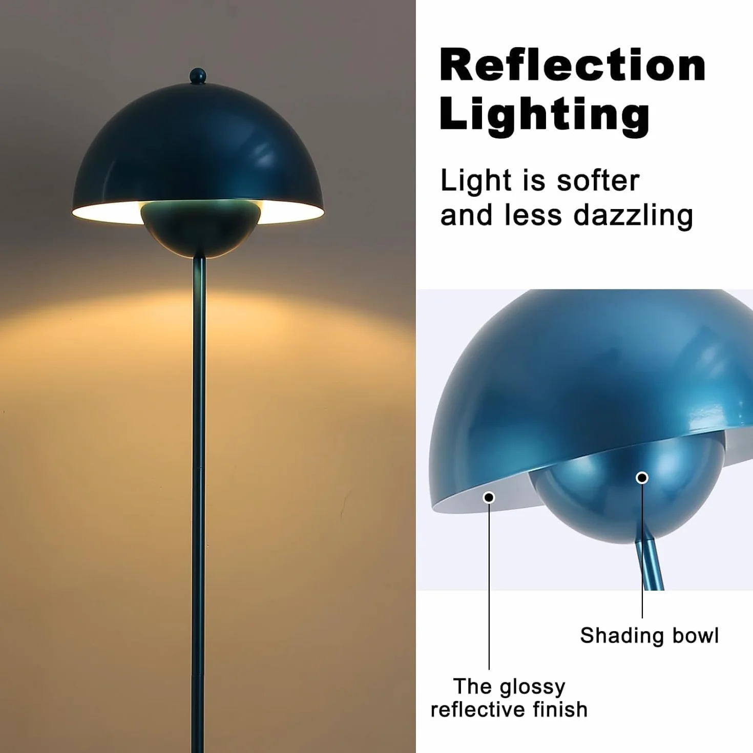 Alpinaluz Lampada da Terra in Metallo con Paralume Bombato – Design Retro Nordico – Luce Indiretta Verso il Basso – E27 – Interruttore a Pedale – Per Salotto e Interni (Blu Marino)