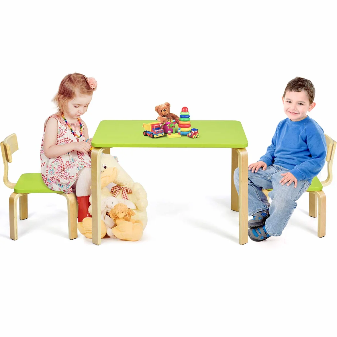 RELAX4LIFE Set Tavolo e 2 Sedie Bambini 3-12 Anni Legno Stabile Sicuro Design Ergonomico Multifunzione Giocare Mangiare Casa Asilo Verde
