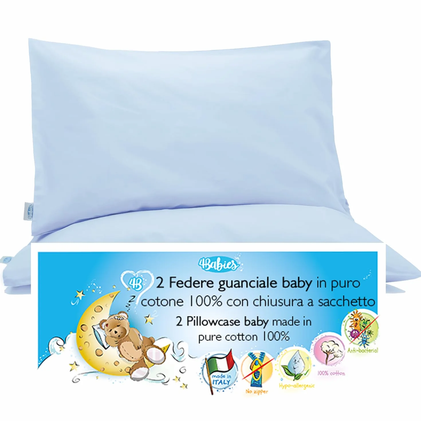 Federe Cuscino 40x60 Bambino Set 2 Puro Cotone Made in Italy OEKO-TEX Biancheria da letto Azzurro