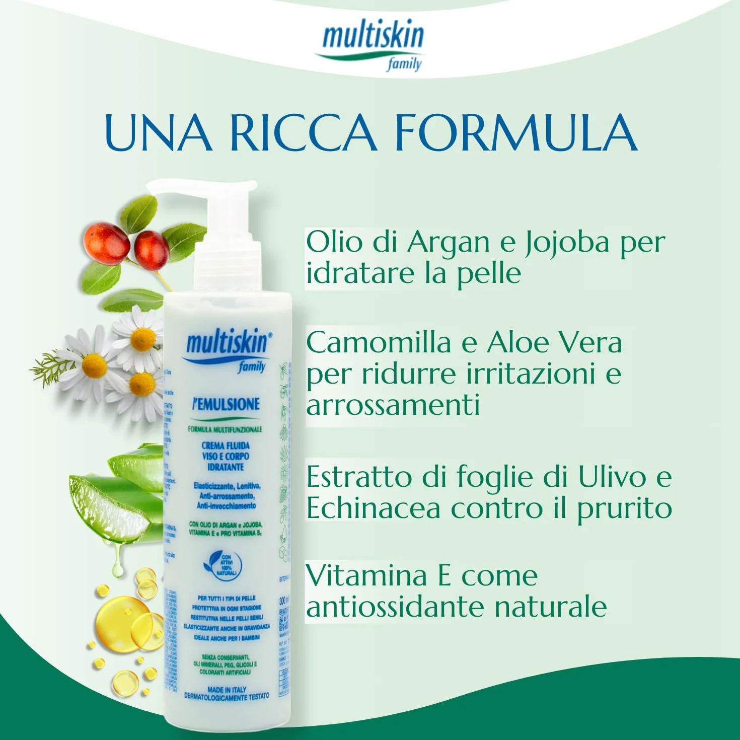 Emulsione Multifunzionale Viso e Corpo Crema Fluida Idratante Protettiva Lenitiva Olio di Argan e Jojoba 300 ml