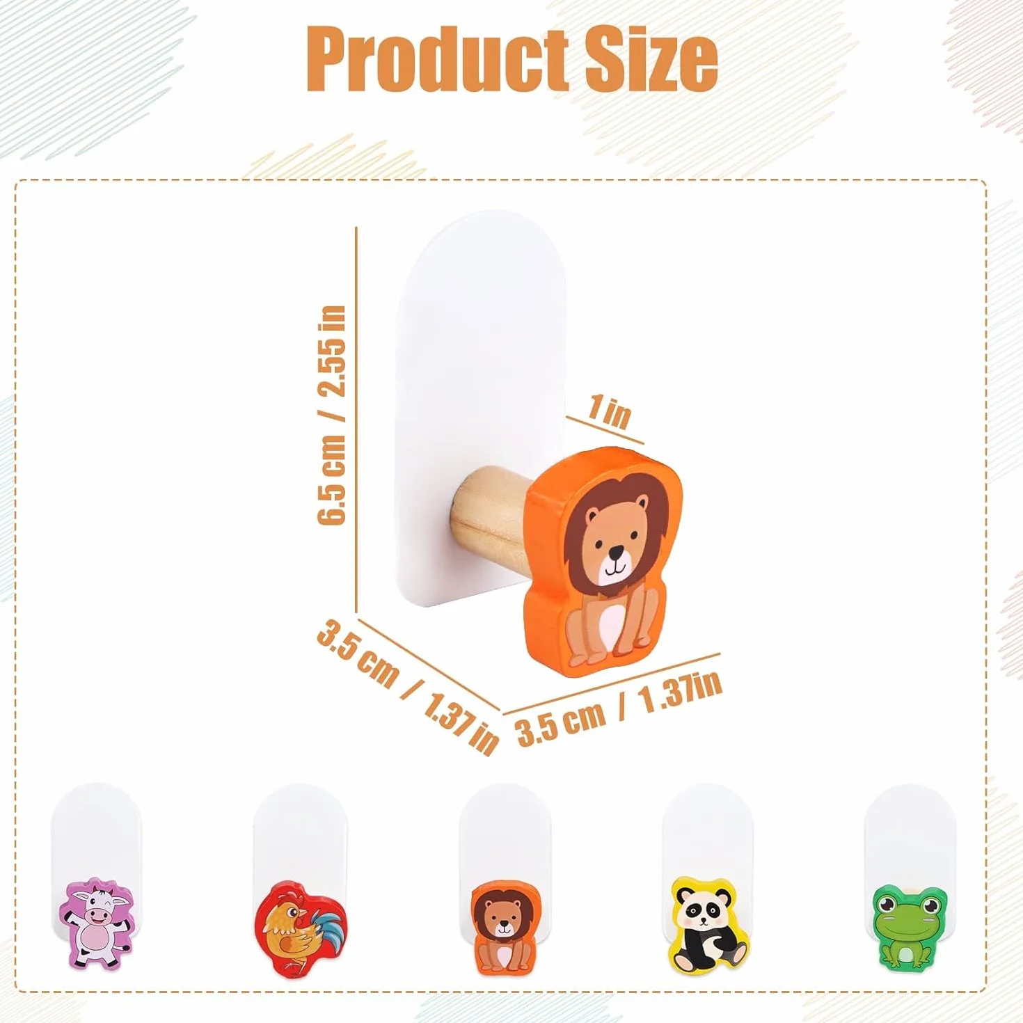 Ganci Appendiabiti per Bambini 5 Pezzi, a Parete, Animali Autoadesivi, Legno, Senza Foratura