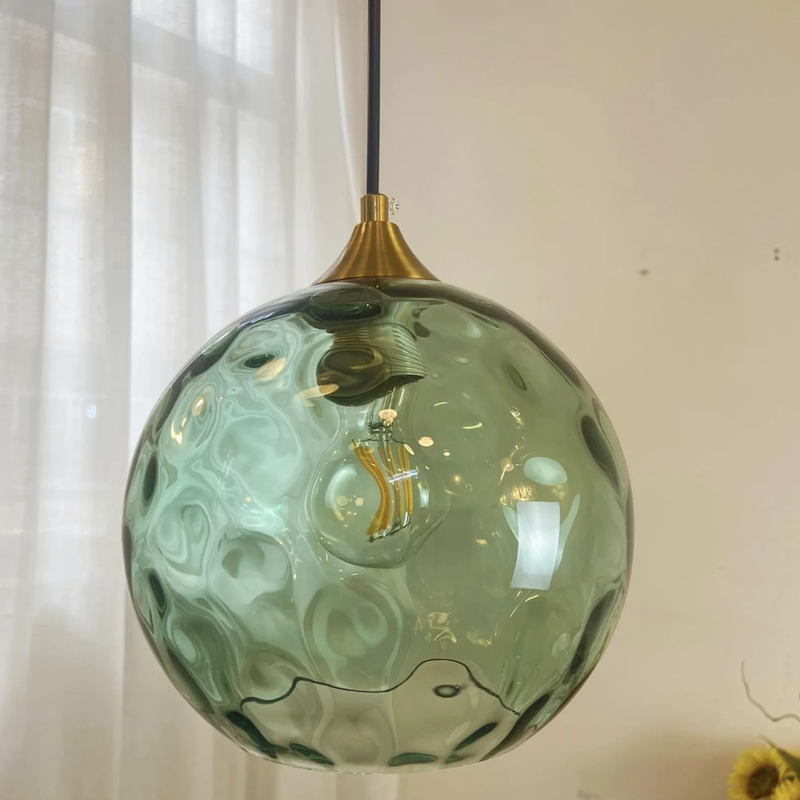 Lampadario a Sospensione a Sfera in Vetro Ondulato con Finitura Oro Lampada a Sospensione a Soffitto Industriale Vintage E27 Per Sala da pranzo Cucina - Verde scuro