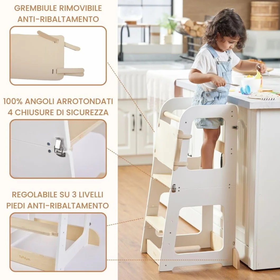 Torre Montessori per Bambini 2-in-1 Torretta Apprendimento in Legno Naturale Convertibile in Scrivania Sgabello Sicura Evolutiva 12M+ Teedum
