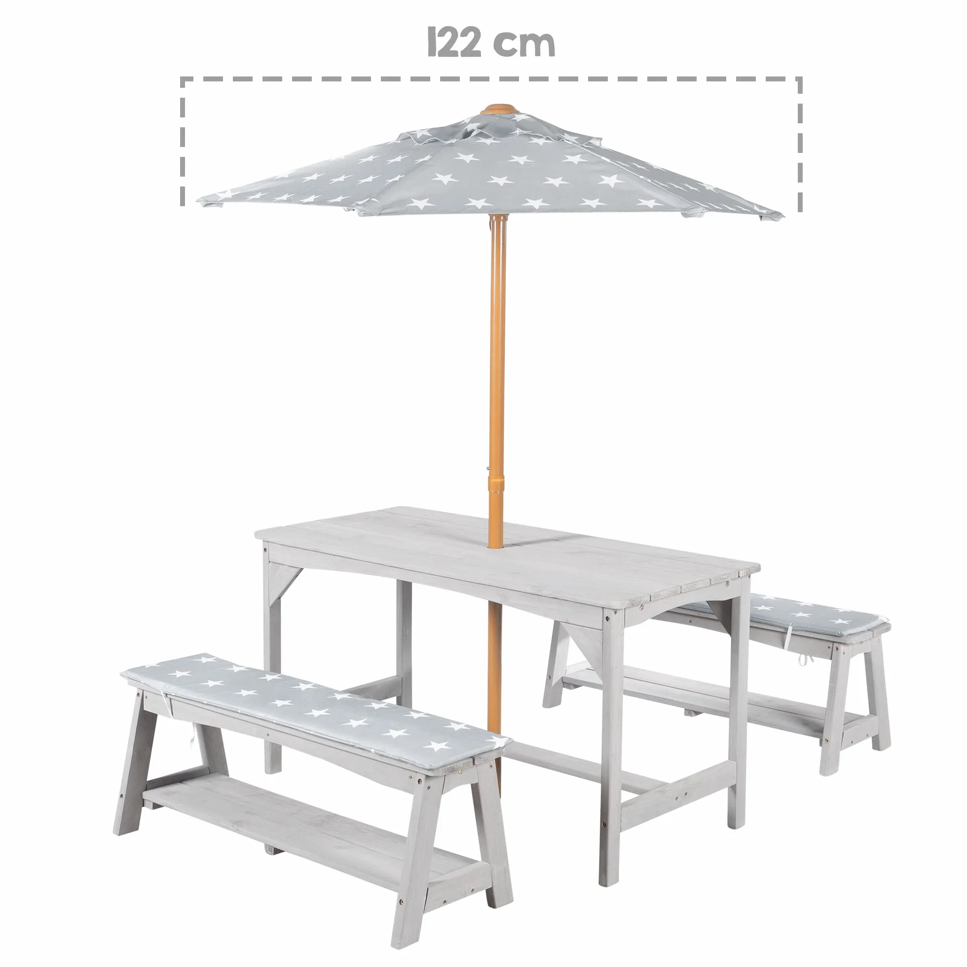 roba Set di Sedute per Bambini Picnic con Tavolo, 2 Panche, Ombrellone e Cuscini – Legno Grigio