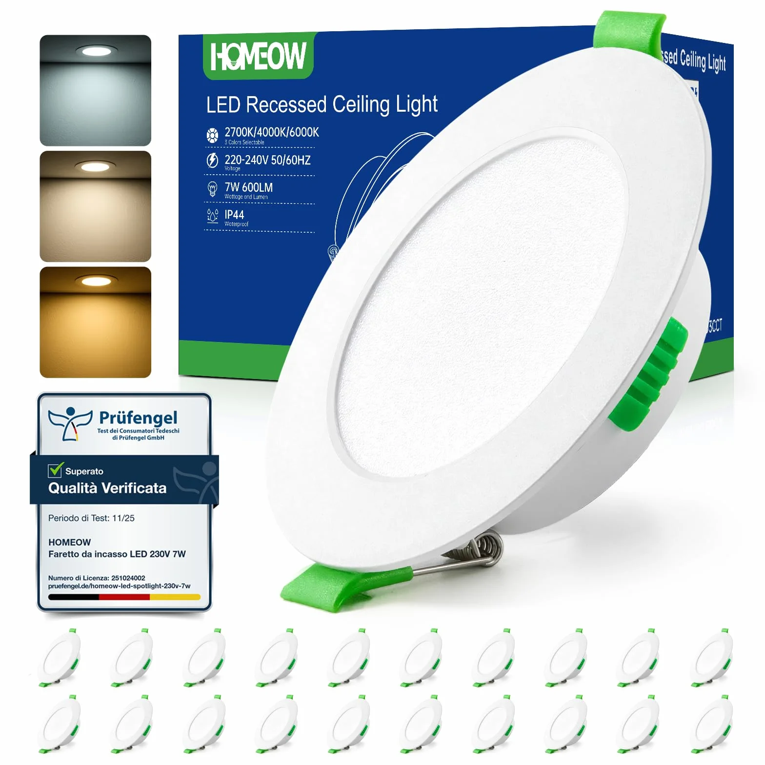 HOMEOW Faretti Led da Incasso per Cartongesso 7W, Diametro Foro 75-90mm, 24mm Ultrasottili, IP44 Faretti Led Soffitto, Regolabile Caldo 2700K, Neutro 4000K e Freddo 6000K, Non Dimmerabile, Set di 20