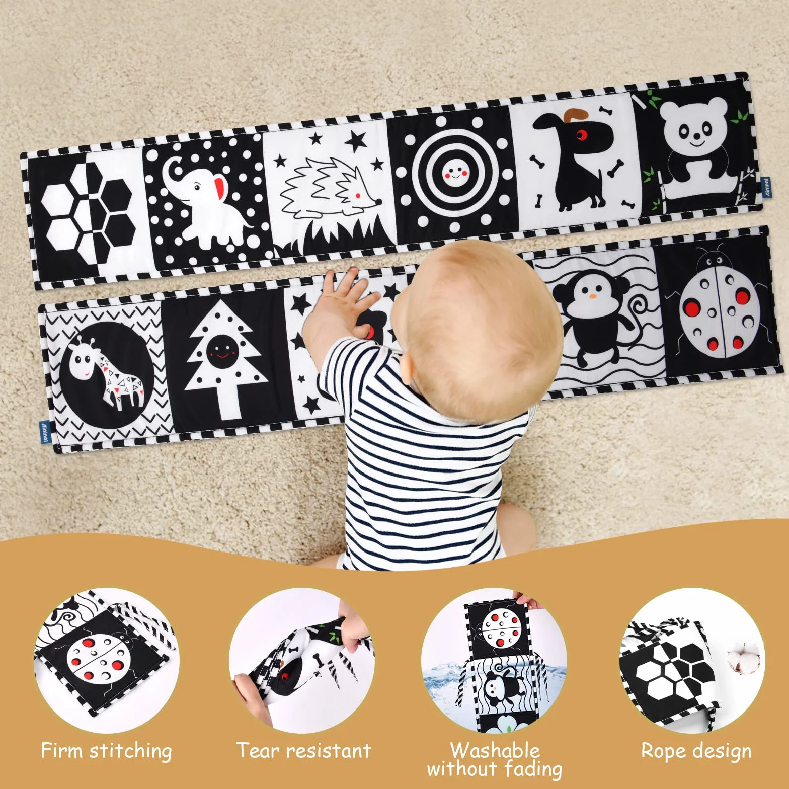 Vicloon Libro di Stoffa per Neonati, Libro Sensoriale, Double Sided con 12 Motivi, Animali, Bianco e Nero