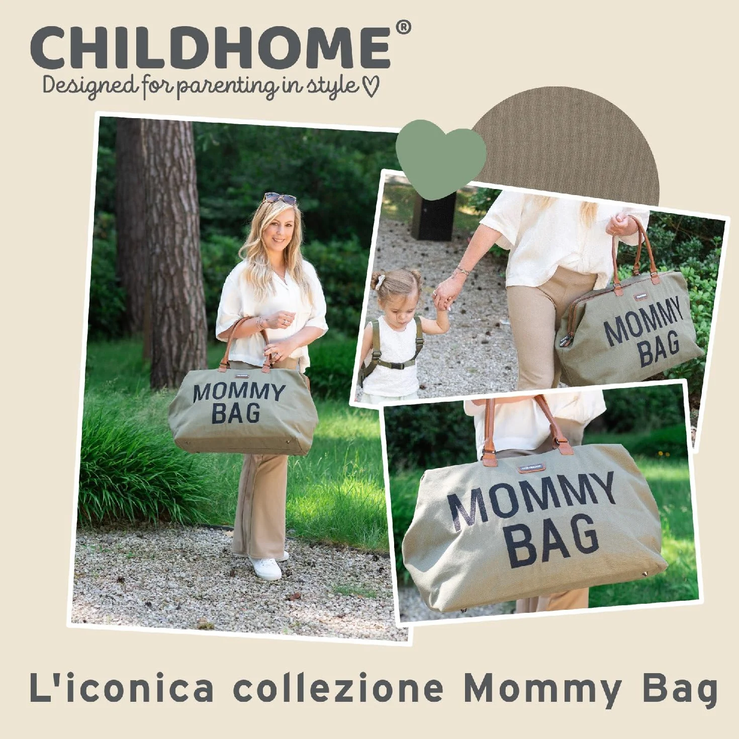 CHILDHOME Borsa per il cambio Maternità Grande capacità Tracolla regolabile Tasca isolata kaki