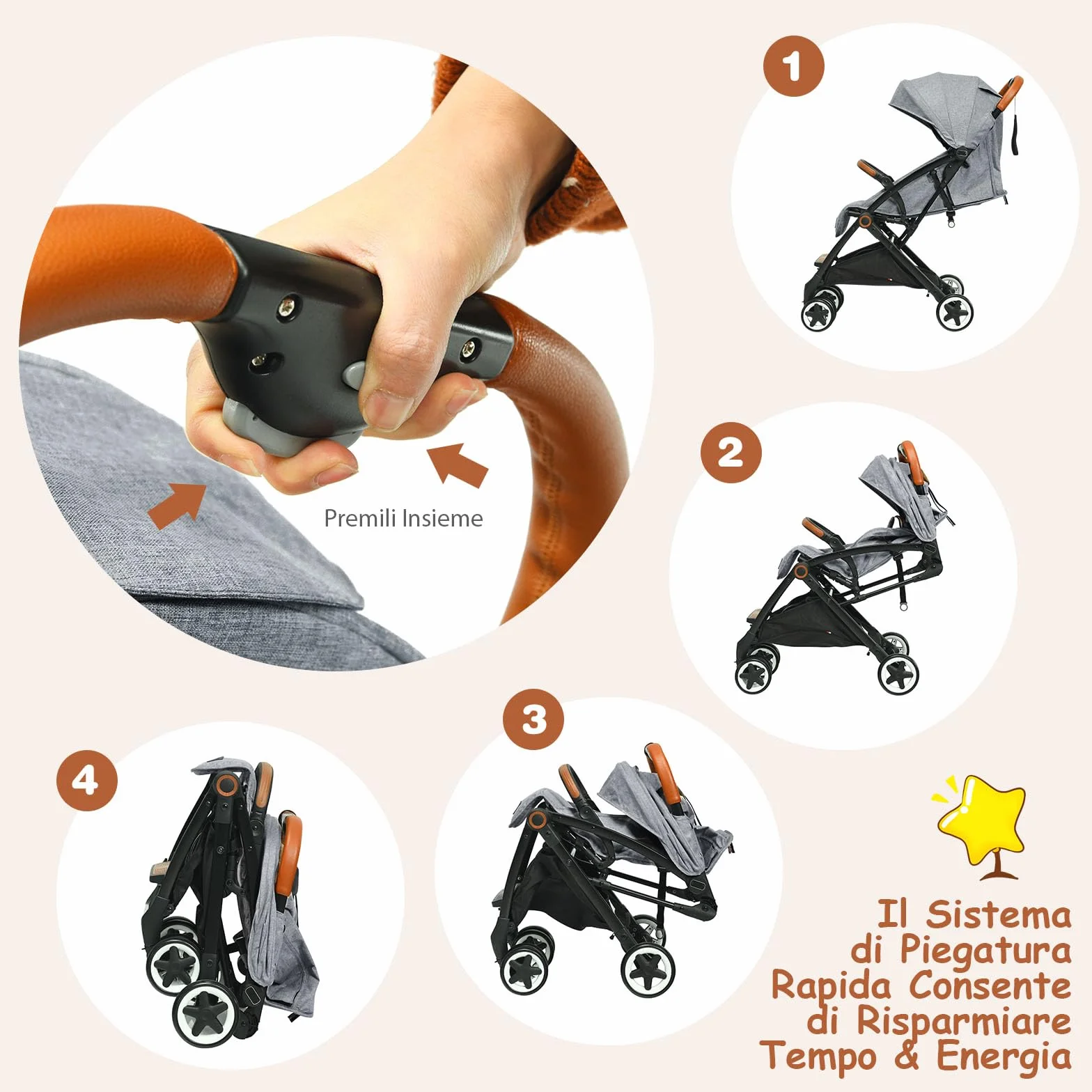 Costway Passeggino Leggero per Bambini 0-3 Anni fino 15 kg, Schienale e Poggiapiedi Regolabili, Cappottina e Zanzariera, Compatto Pieghevole Grigio