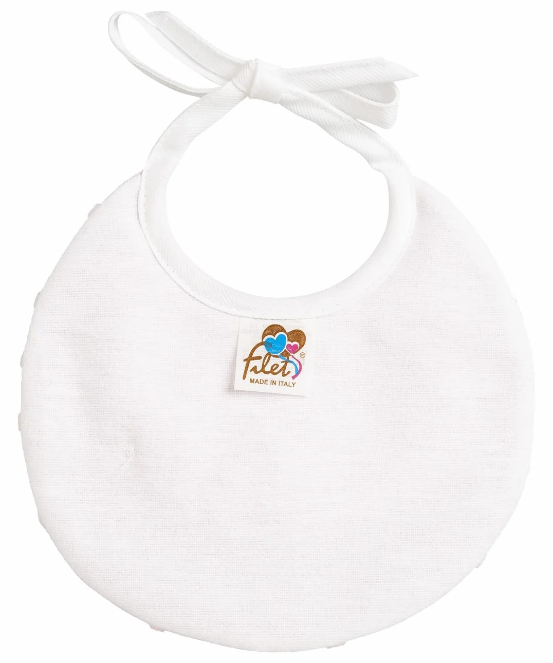 Bavaglino Tondo Neonato Morbido Tessuto Pois Effetto 3D Tela Aida Ricamare Chiusura Laccetti Rosa Made in Italy