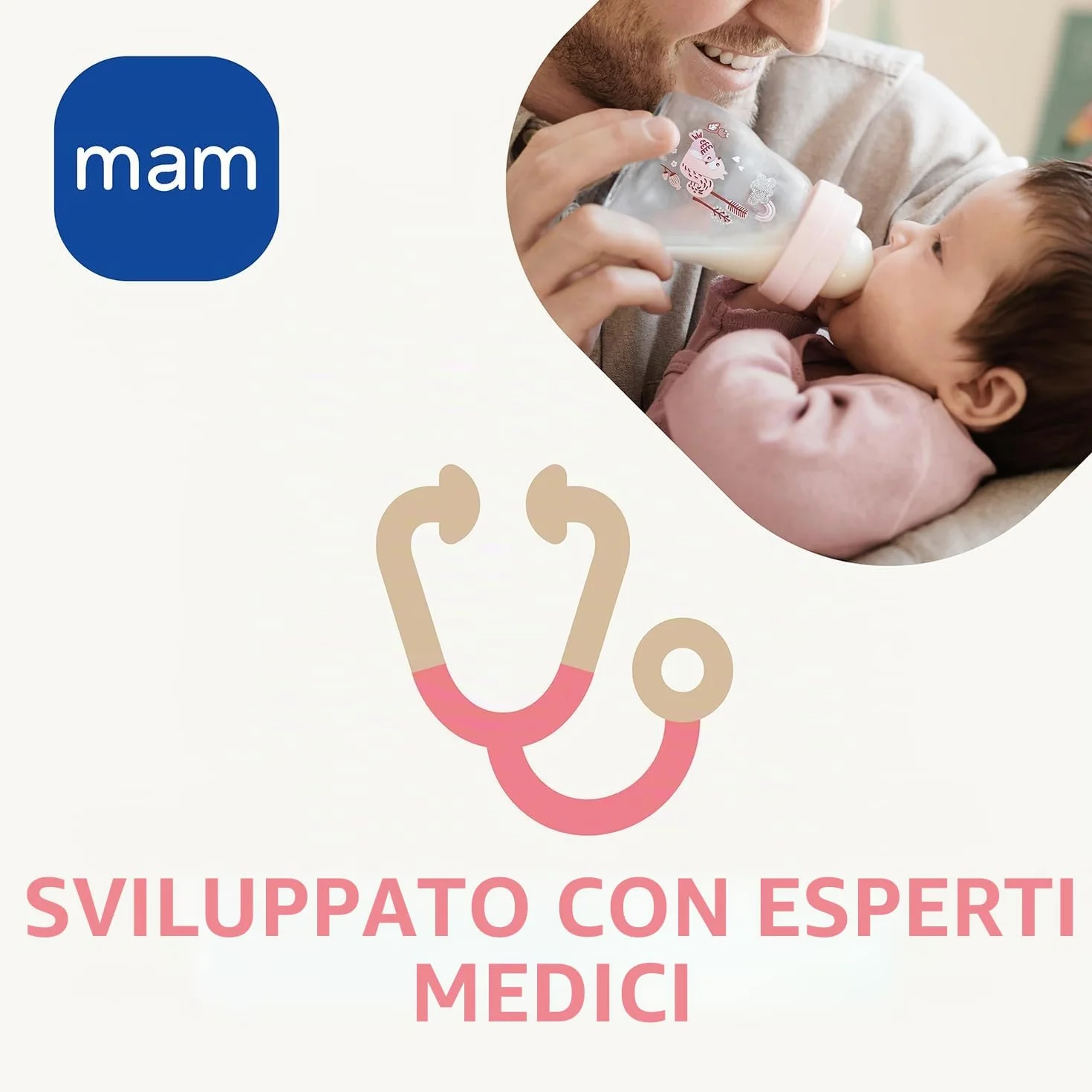 MAM Biberon in vetro 260 ml 2-4 mesi tettarella flusso medio silicone rosa