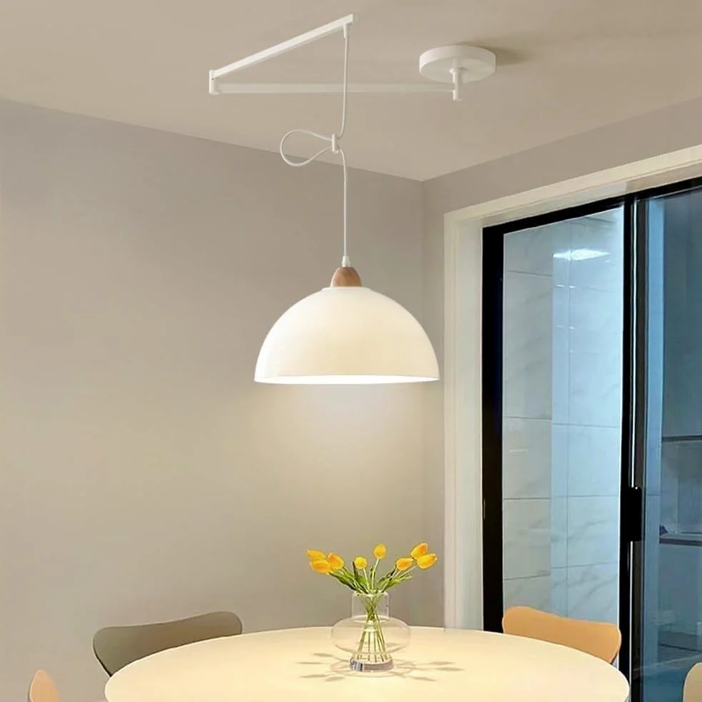 Lampadario a Sospensione da soffitto con Braccio orientabile, Cupola Lunga Regolabile, Stile Moderno di metà secolo, lampadario Industriale in Metallo Bianco e Nero per Tavolo da p